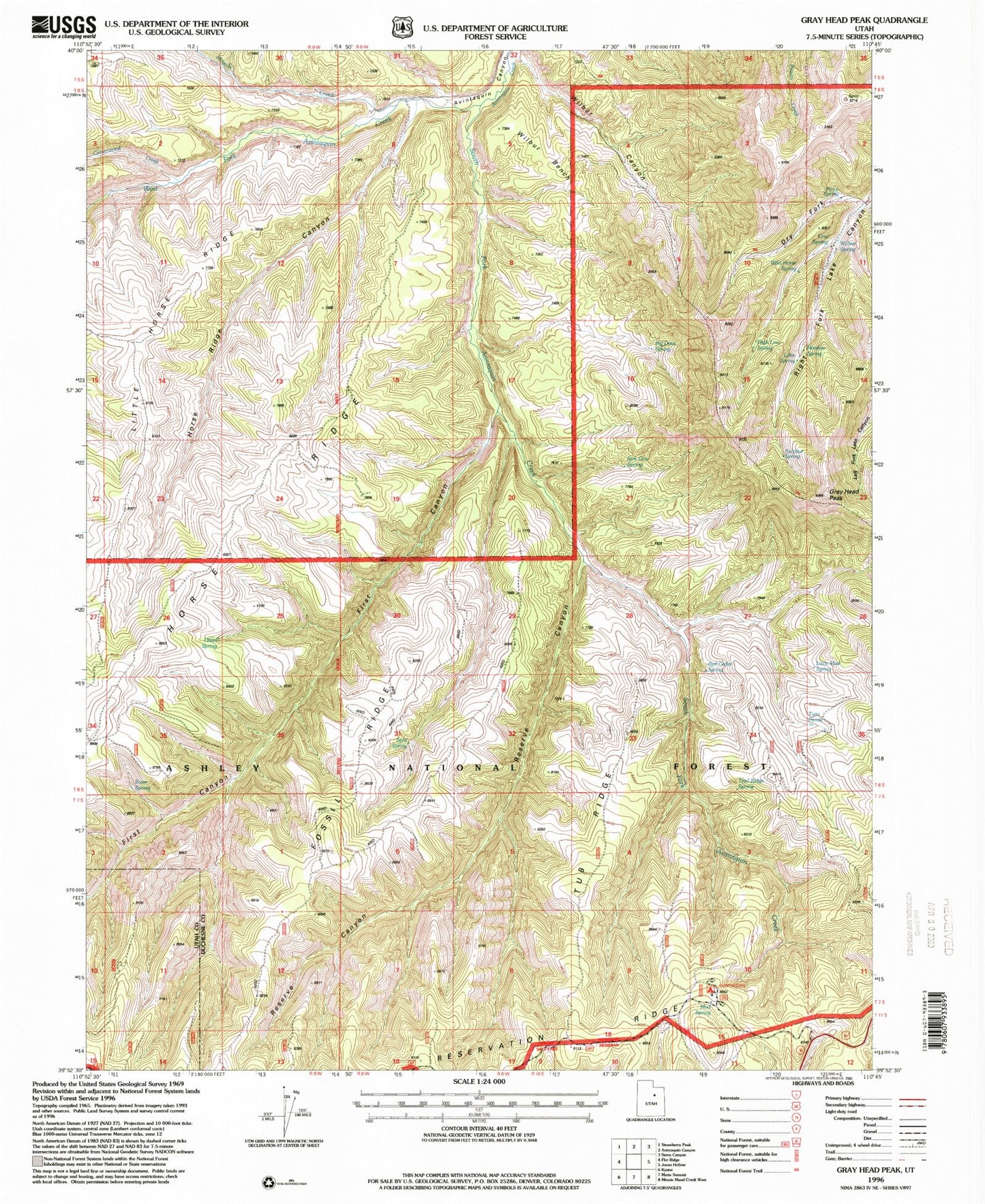 Classic USGS Gray Head Peak Utah 7.5'x7.5' Topo Map Image