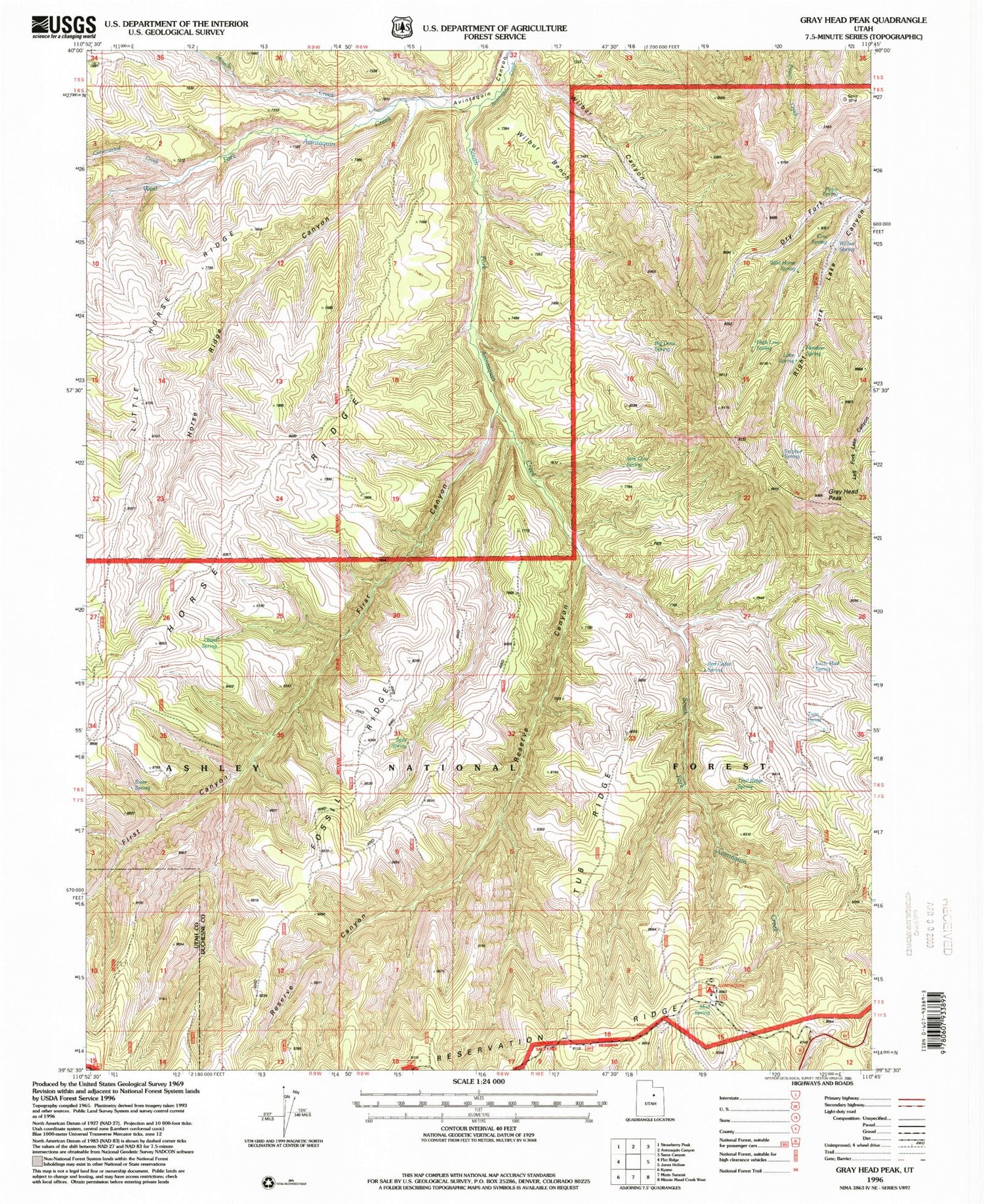 Classic USGS Gray Head Peak Utah 7.5'x7.5' Topo Map Image