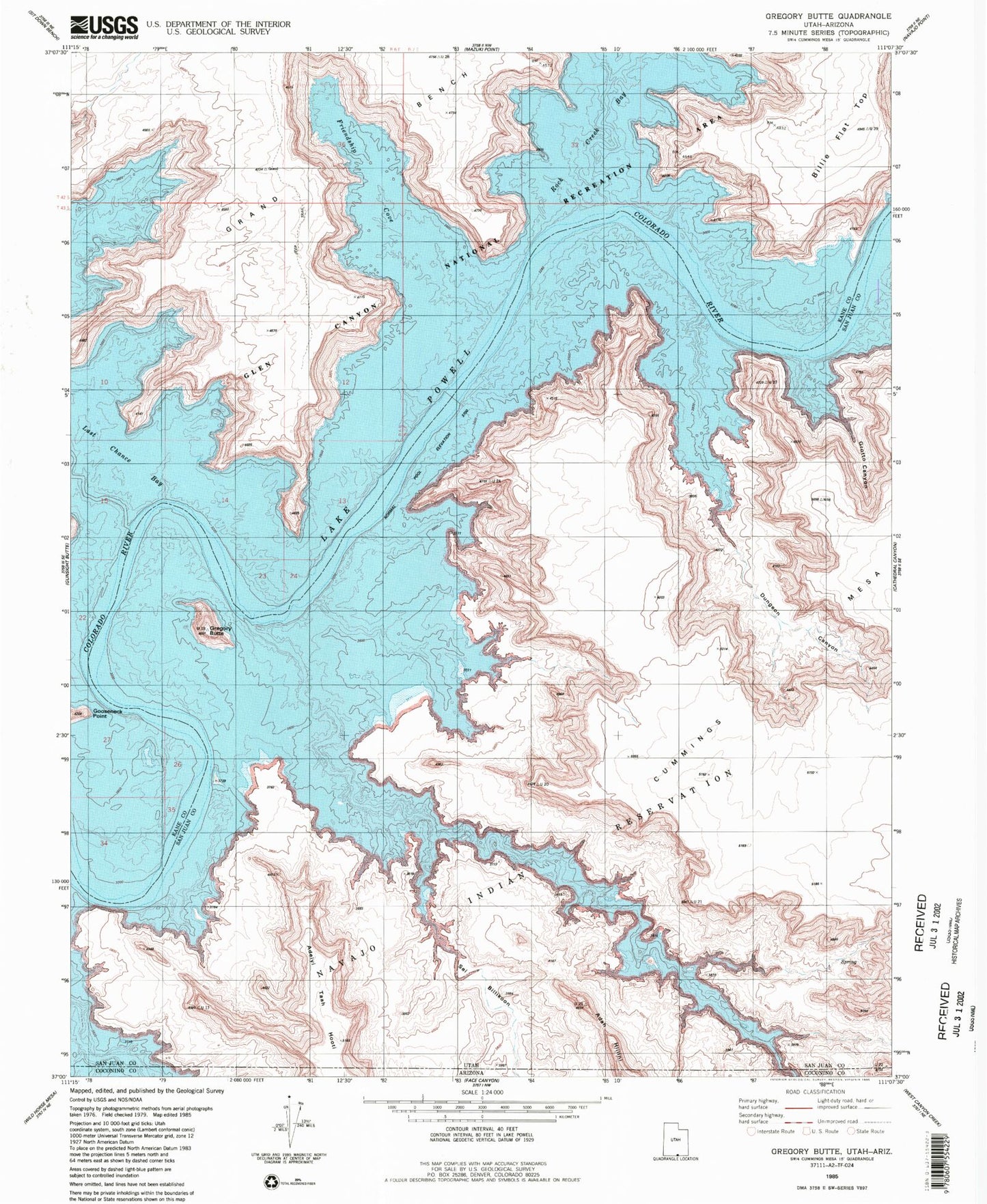 Classic USGS Gregory Butte Utah 7.5'x7.5' Topo Map Image