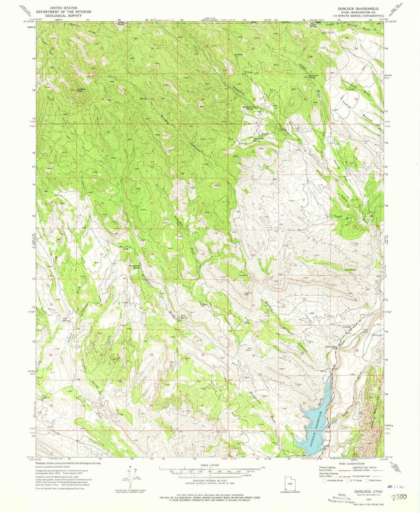 Classic USGS Gunlock Utah 7.5'x7.5' Topo Map Image