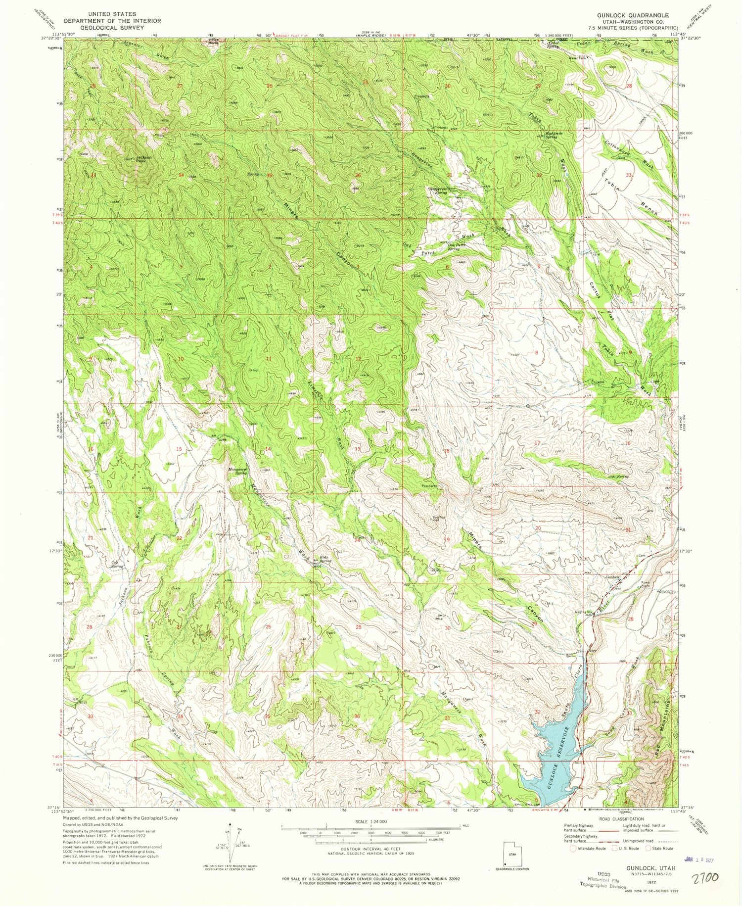 Classic USGS Gunlock Utah 7.5'x7.5' Topo Map Image