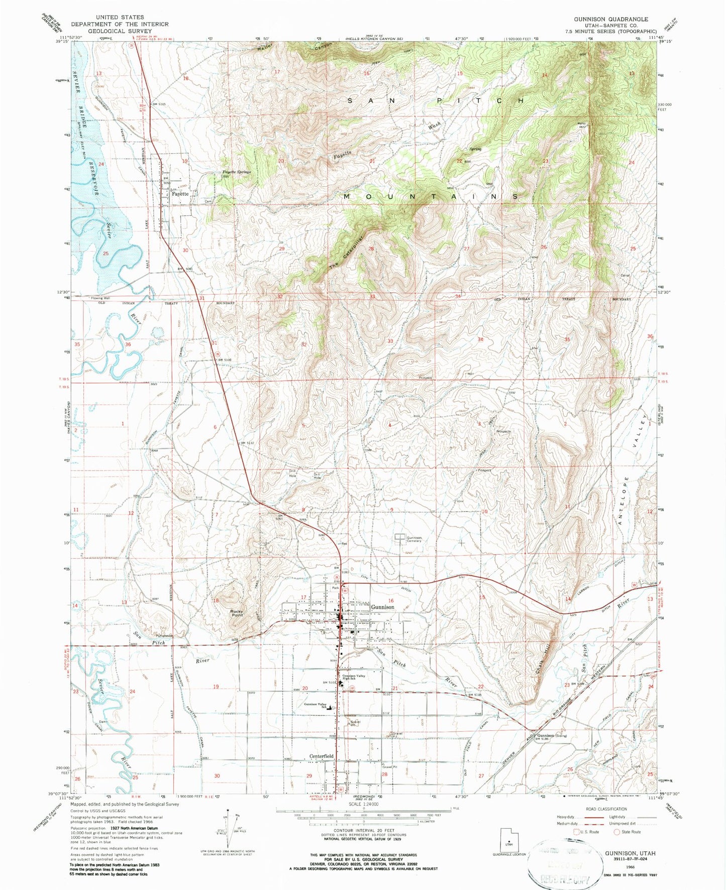 Classic USGS Gunnison Utah 7.5'x7.5' Topo Map Image