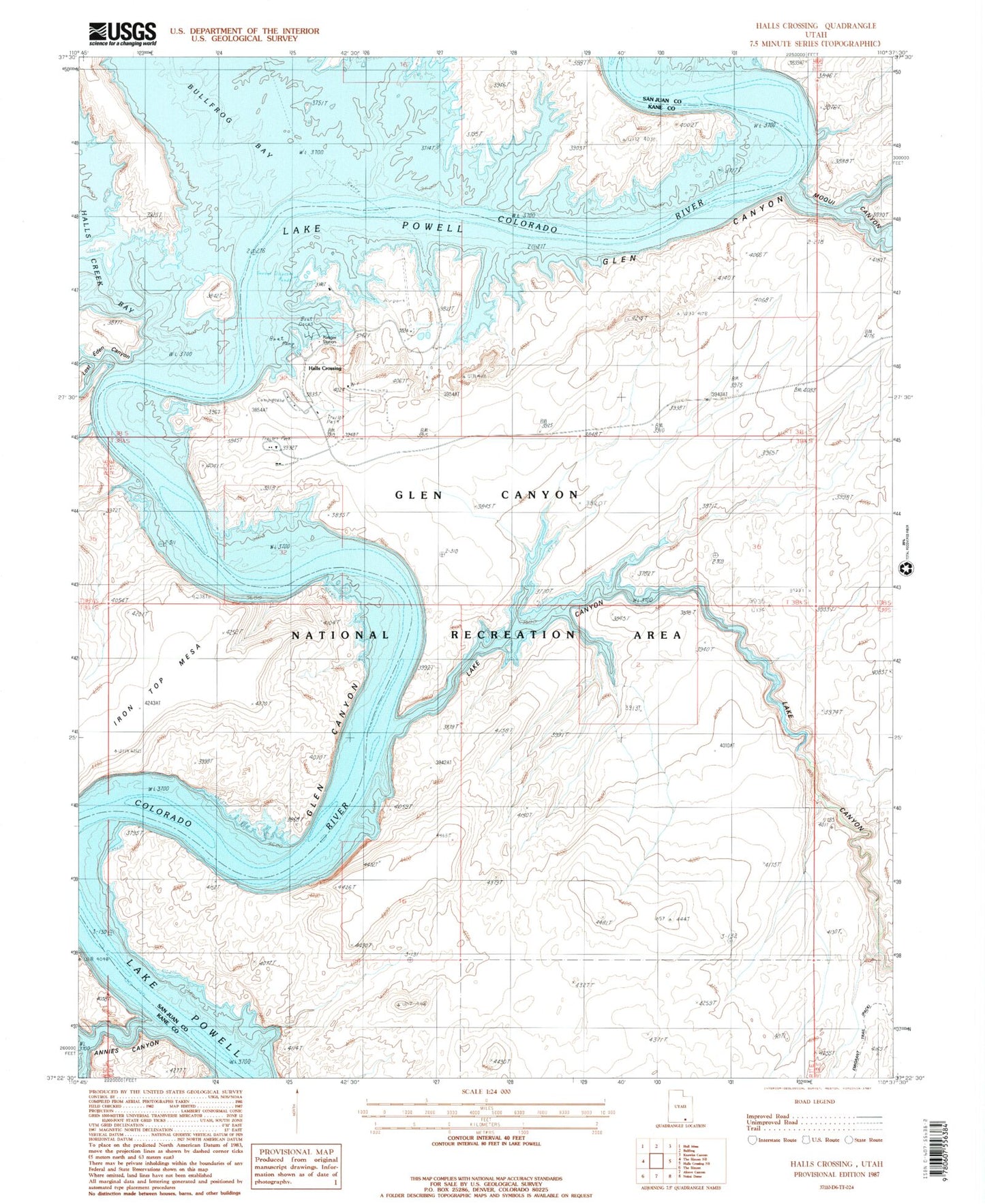 Classic USGS Halls Crossing Utah 7.5'x7.5' Topo Map Image