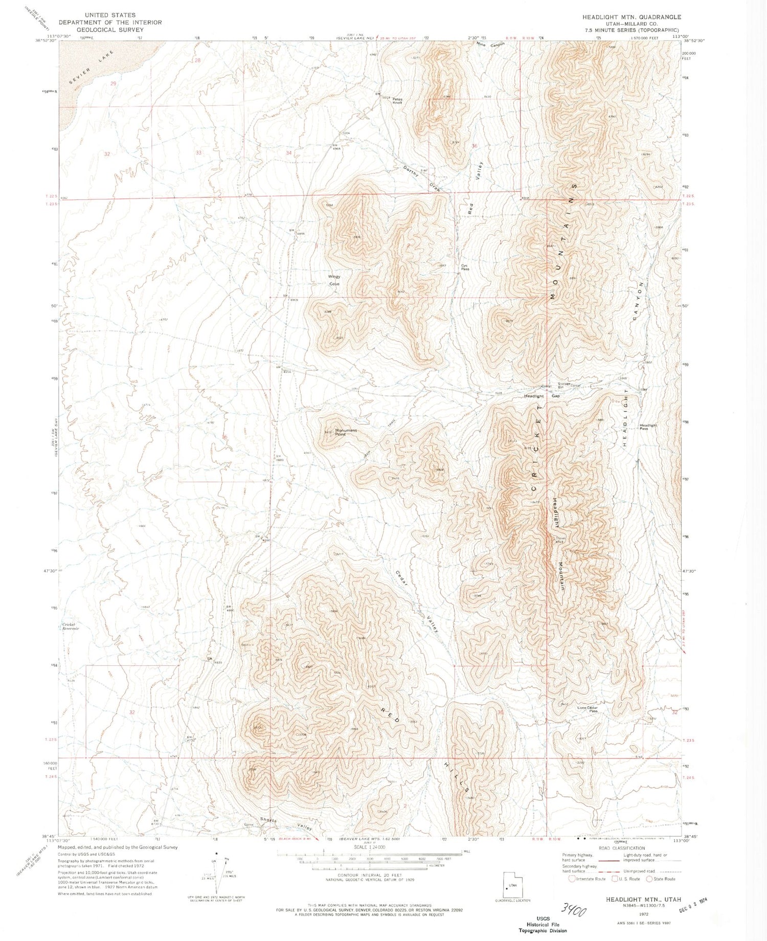 Classic USGS Headlight Mountain Utah 7.5'x7.5' Topo Map Image