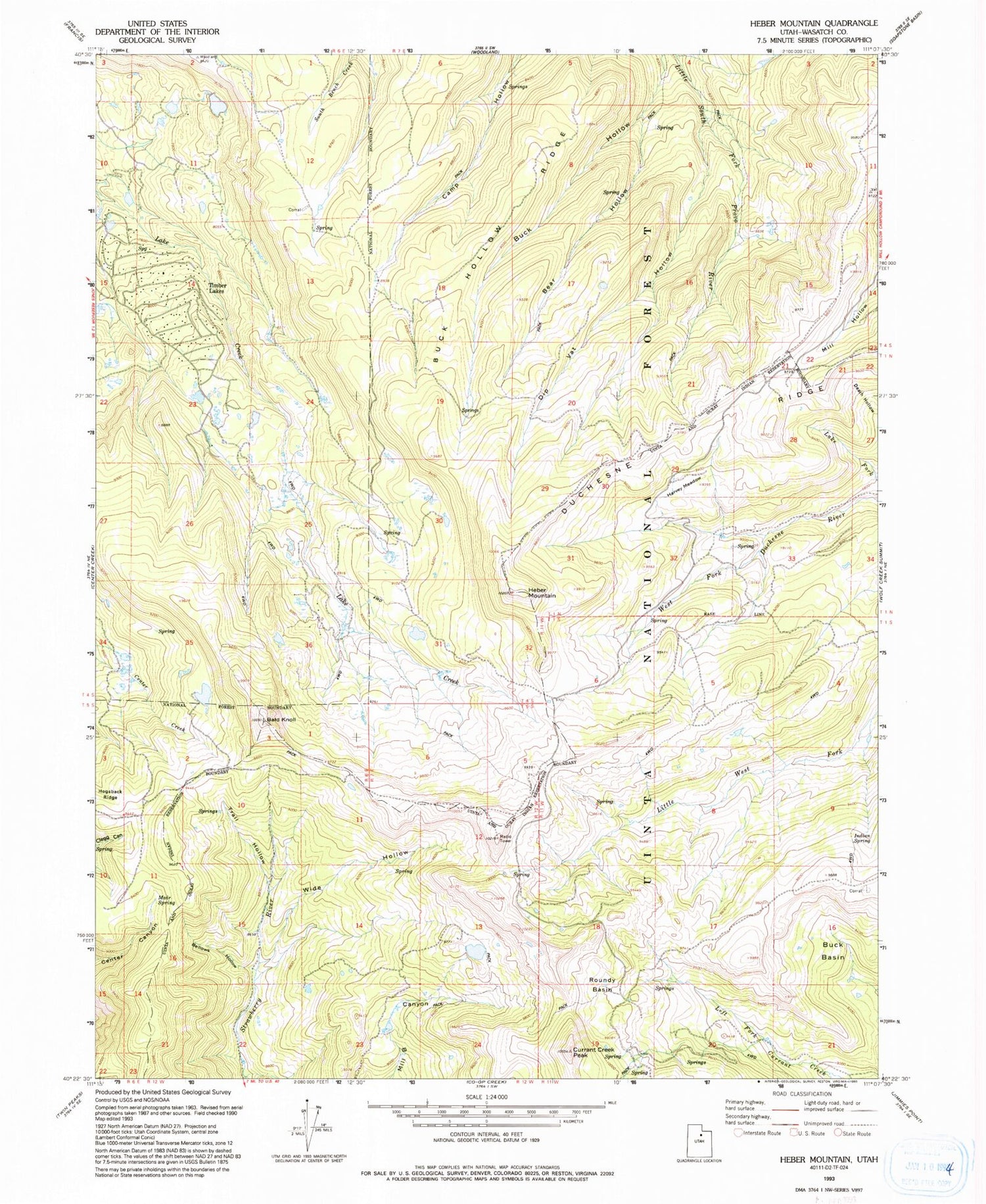 Classic USGS Heber Mountain Utah 7.5'x7.5' Topo Map Image