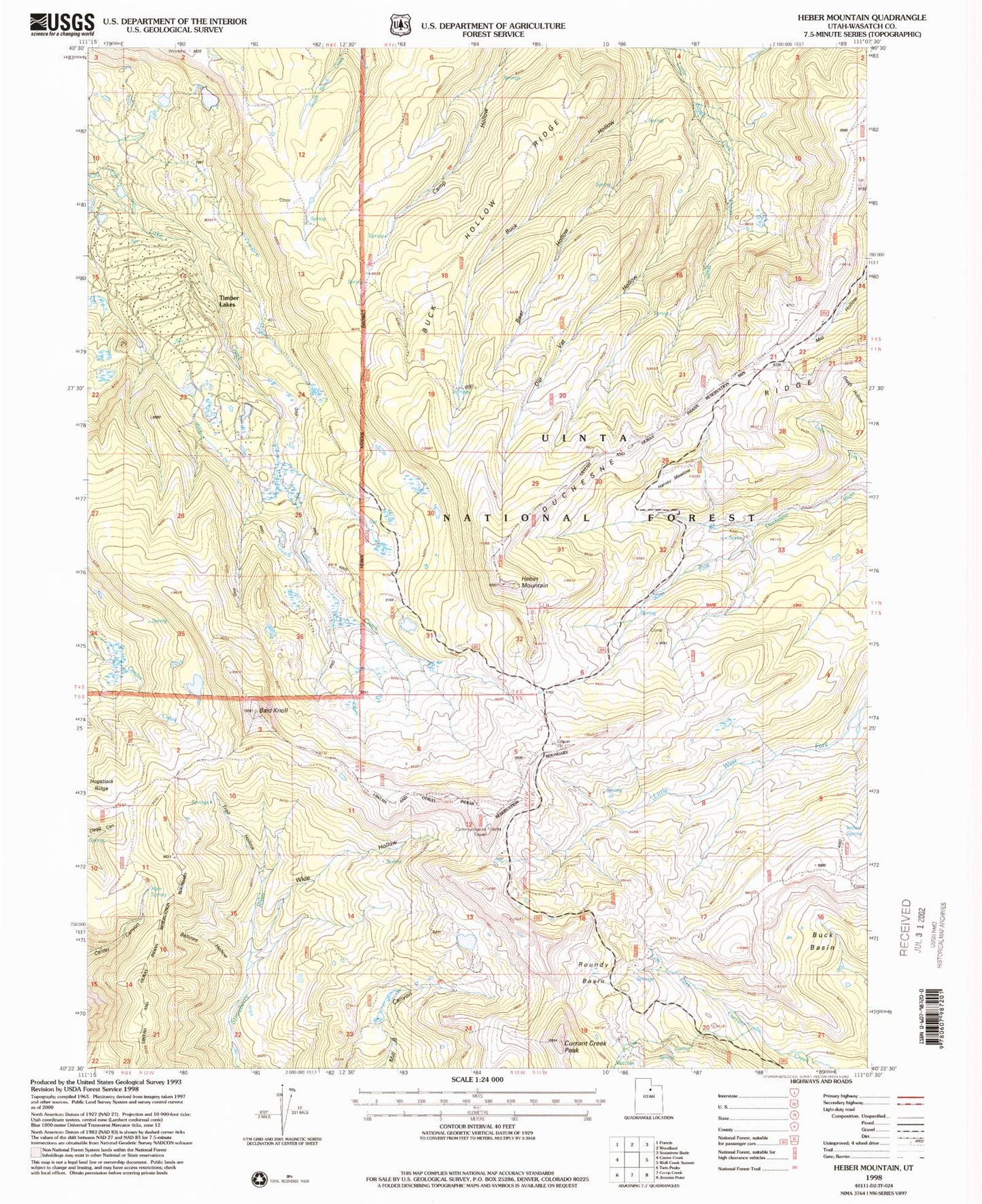 Classic USGS Heber Mountain Utah 7.5'x7.5' Topo Map Image