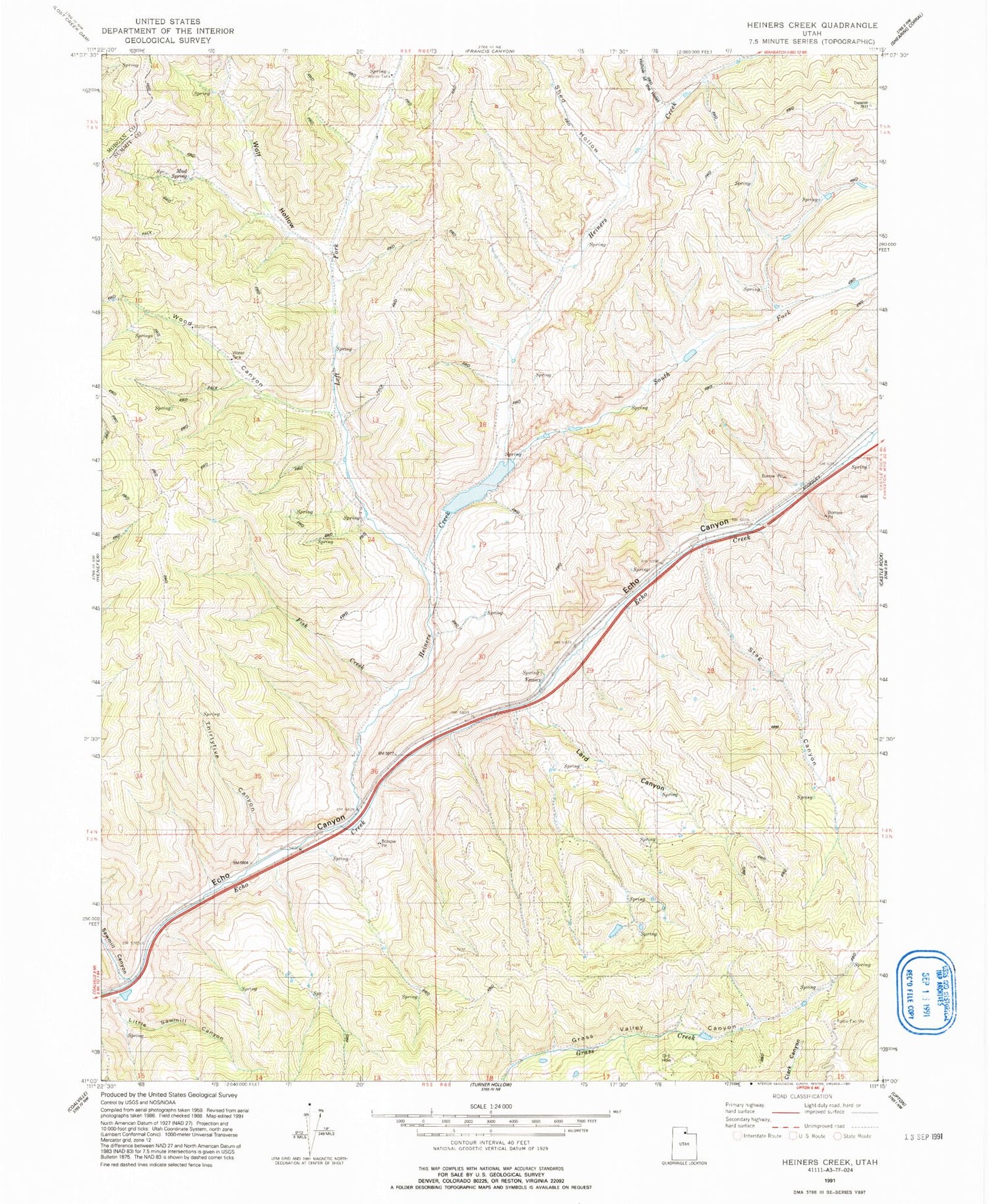 Classic USGS Heiners Creek Utah 7.5'x7.5' Topo Map Image