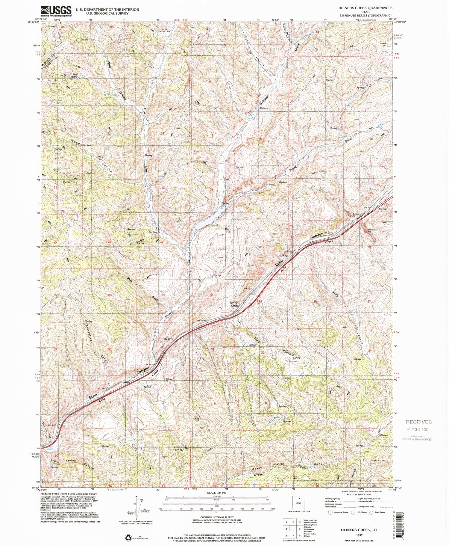 Classic USGS Heiners Creek Utah 7.5'x7.5' Topo Map Image