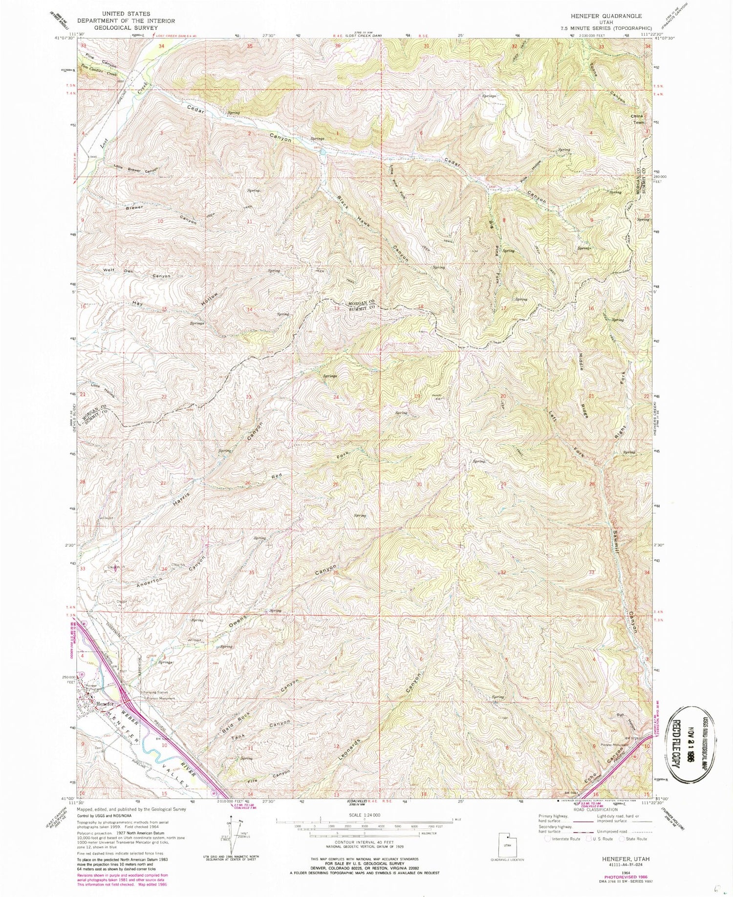 Classic USGS Henefer Utah 7.5'x7.5' Topo Map Image