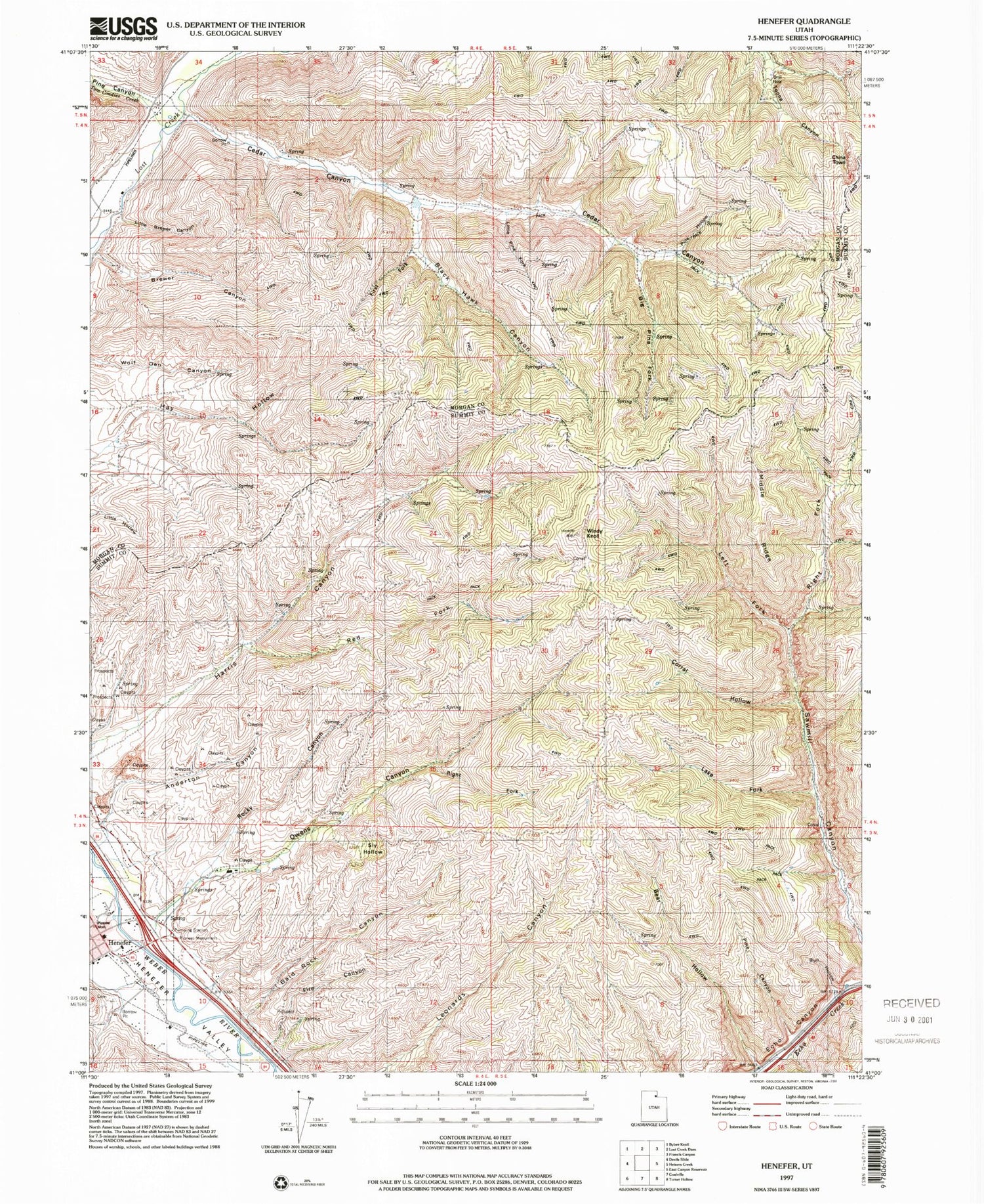 Classic USGS Henefer Utah 7.5'x7.5' Topo Map Image