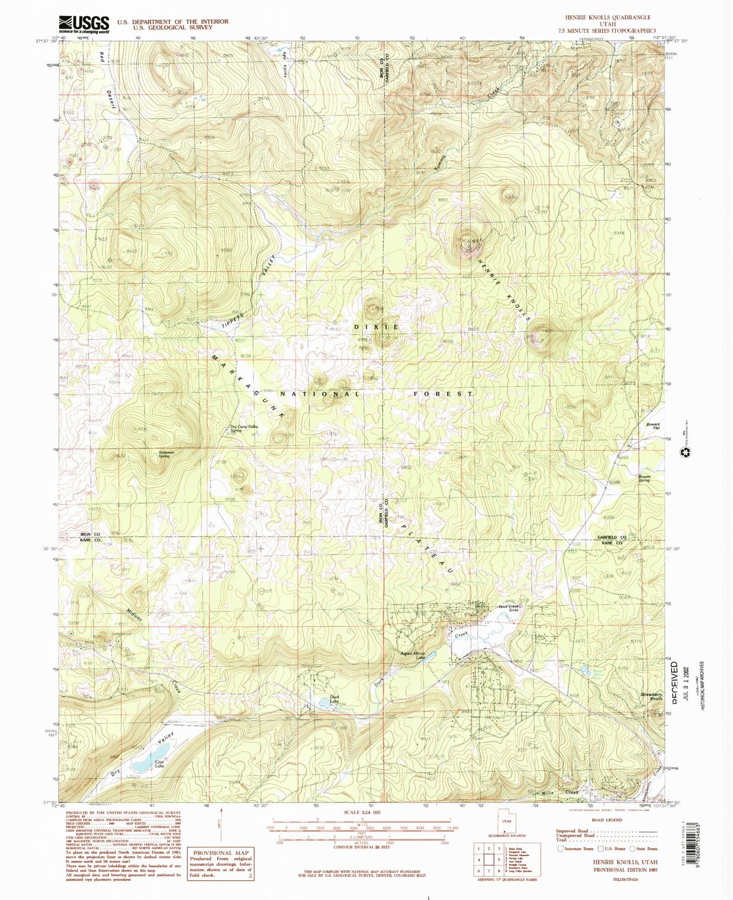 Classic USGS Henrie Knolls Utah 7.5'x7.5' Topo Map Image