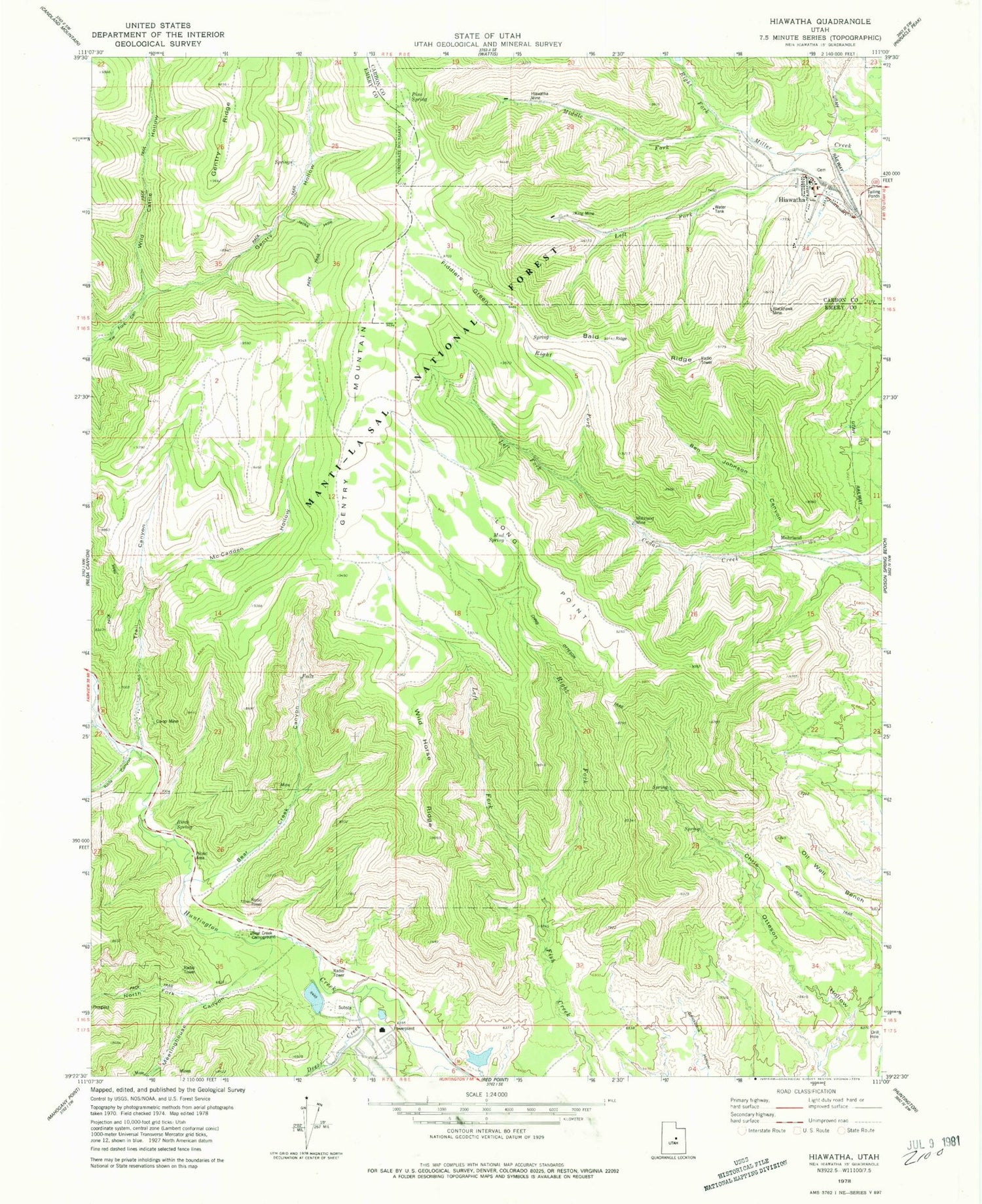 Classic USGS Hiawatha Utah 7.5'x7.5' Topo Map Image