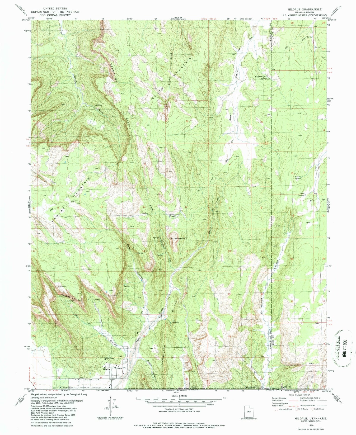 Classic USGS Hildale Utah 7.5'x7.5' Topo Map Image
