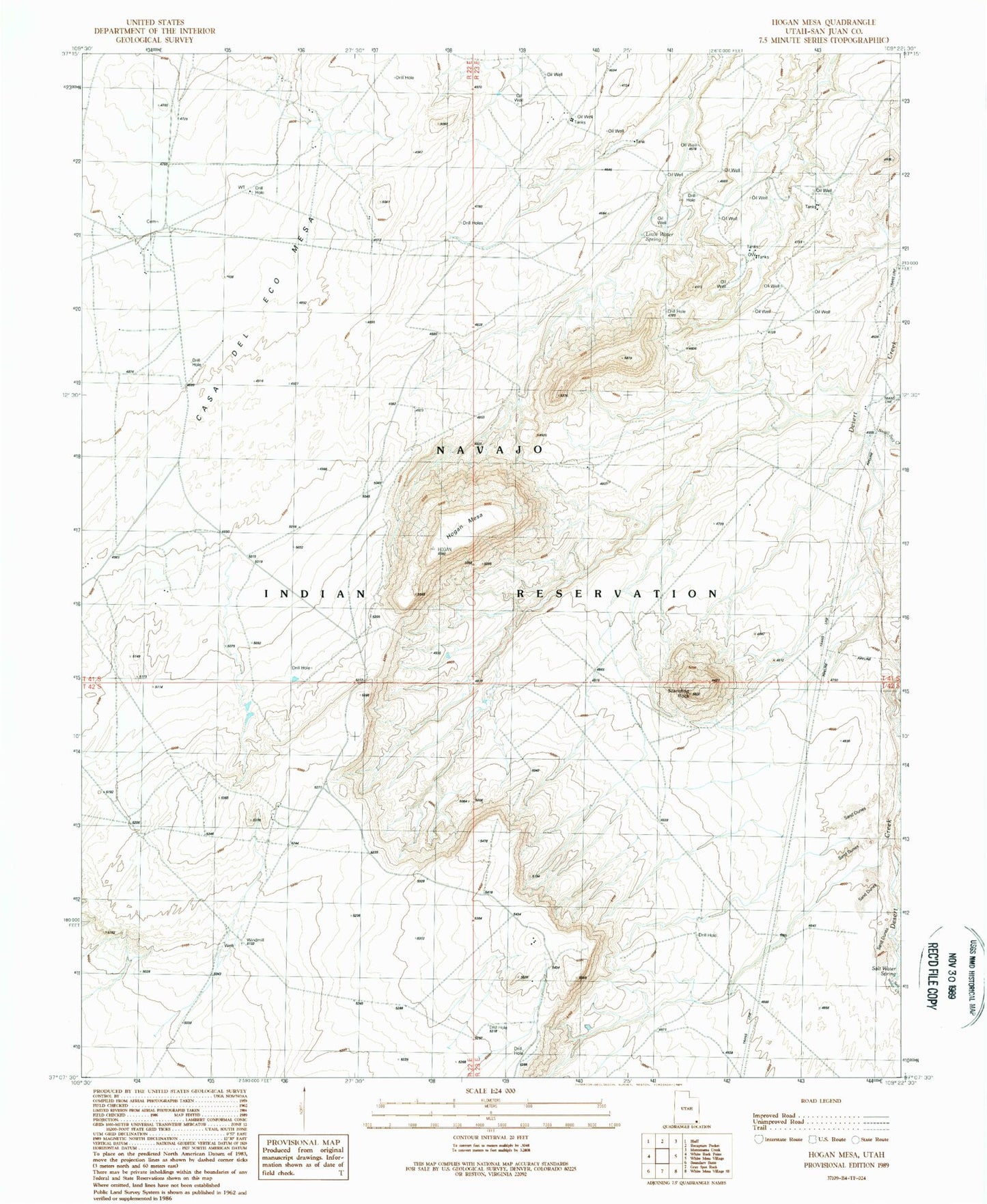 Classic USGS Hogan Mesa Utah 7.5'x7.5' Topo Map Image