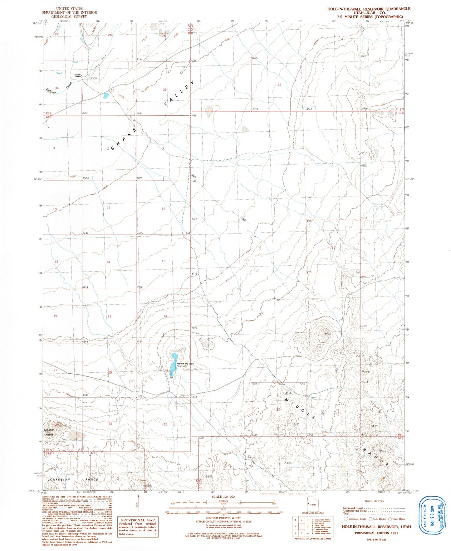 Classic USGS Hole-in-the-Wall Reservoir Utah 7.5'x7.5' Topo Map Image