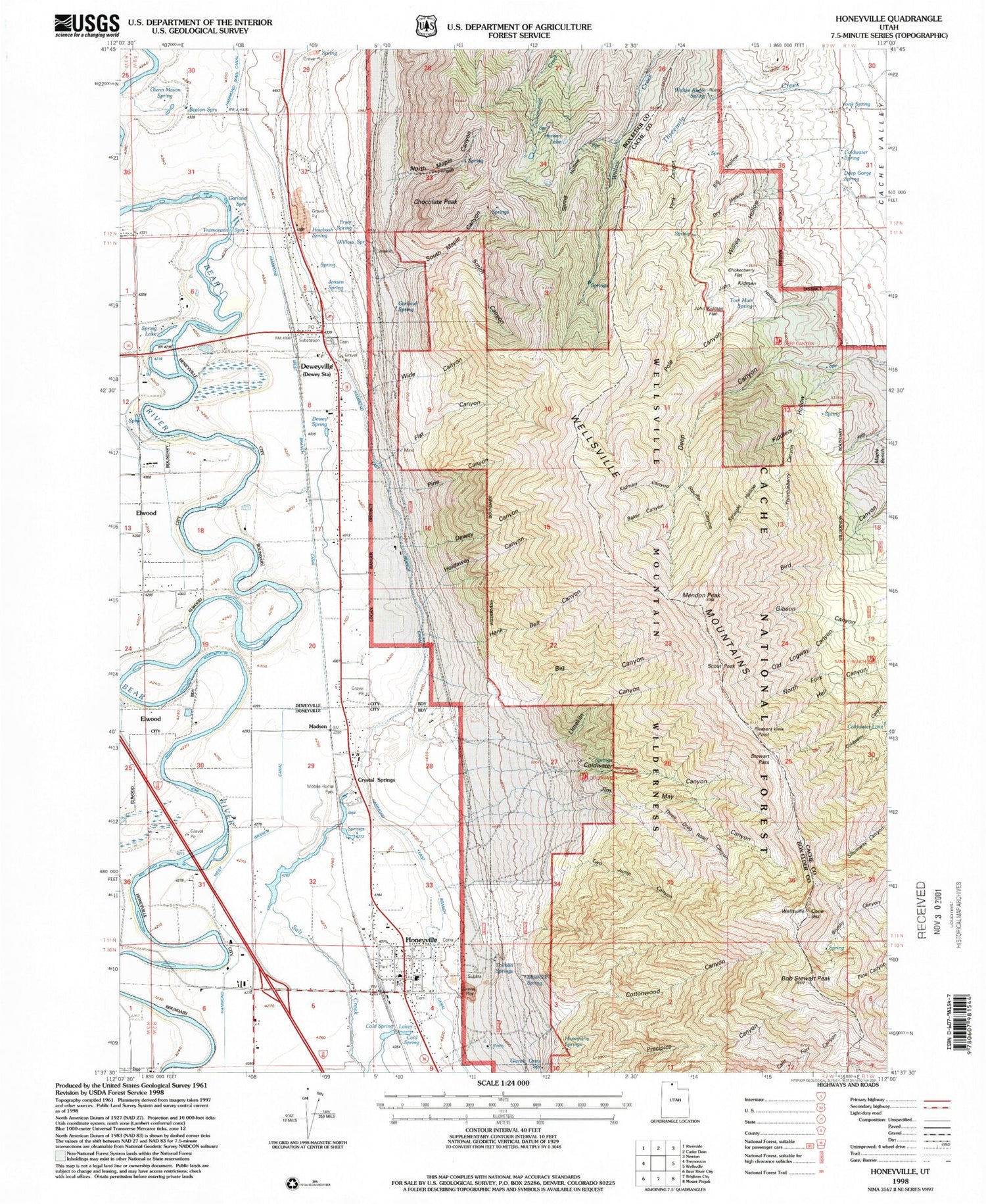 Classic USGS Honeyville Utah 7.5'x7.5' Topo Map Image