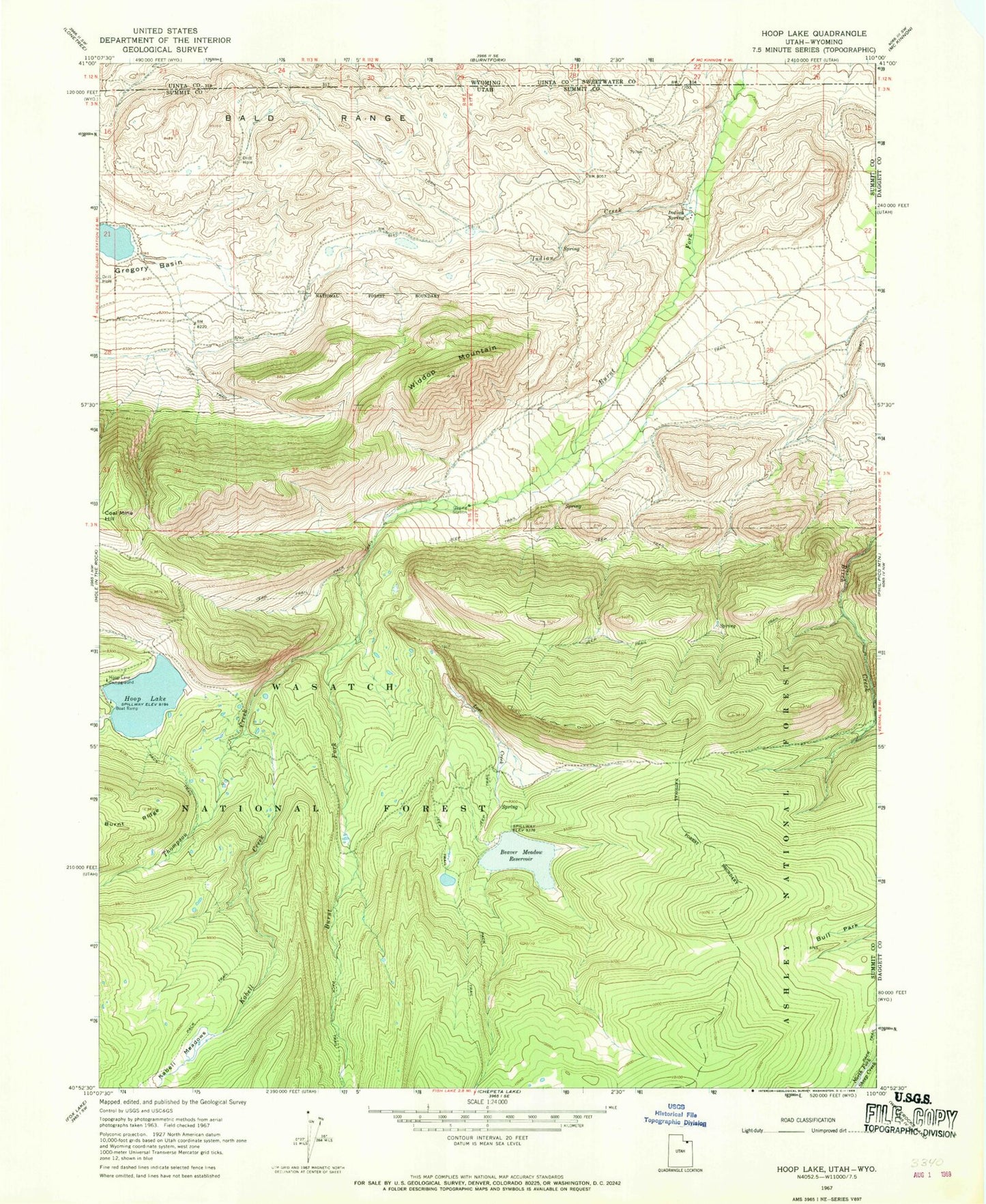 Classic USGS Hoop Lake Utah 7.5'x7.5' Topo Map Image