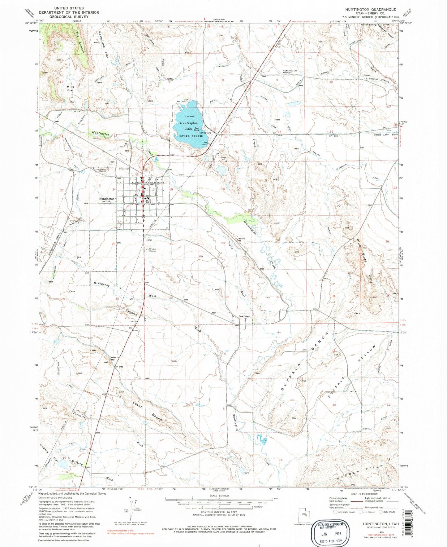 Classic USGS Huntington Utah 7.5'x7.5' Topo Map Image