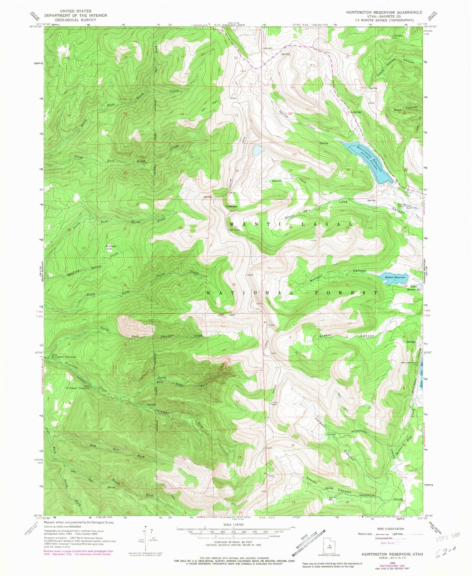 Classic USGS Huntington Reservoir Utah 7.5'x7.5' Topo Map Image