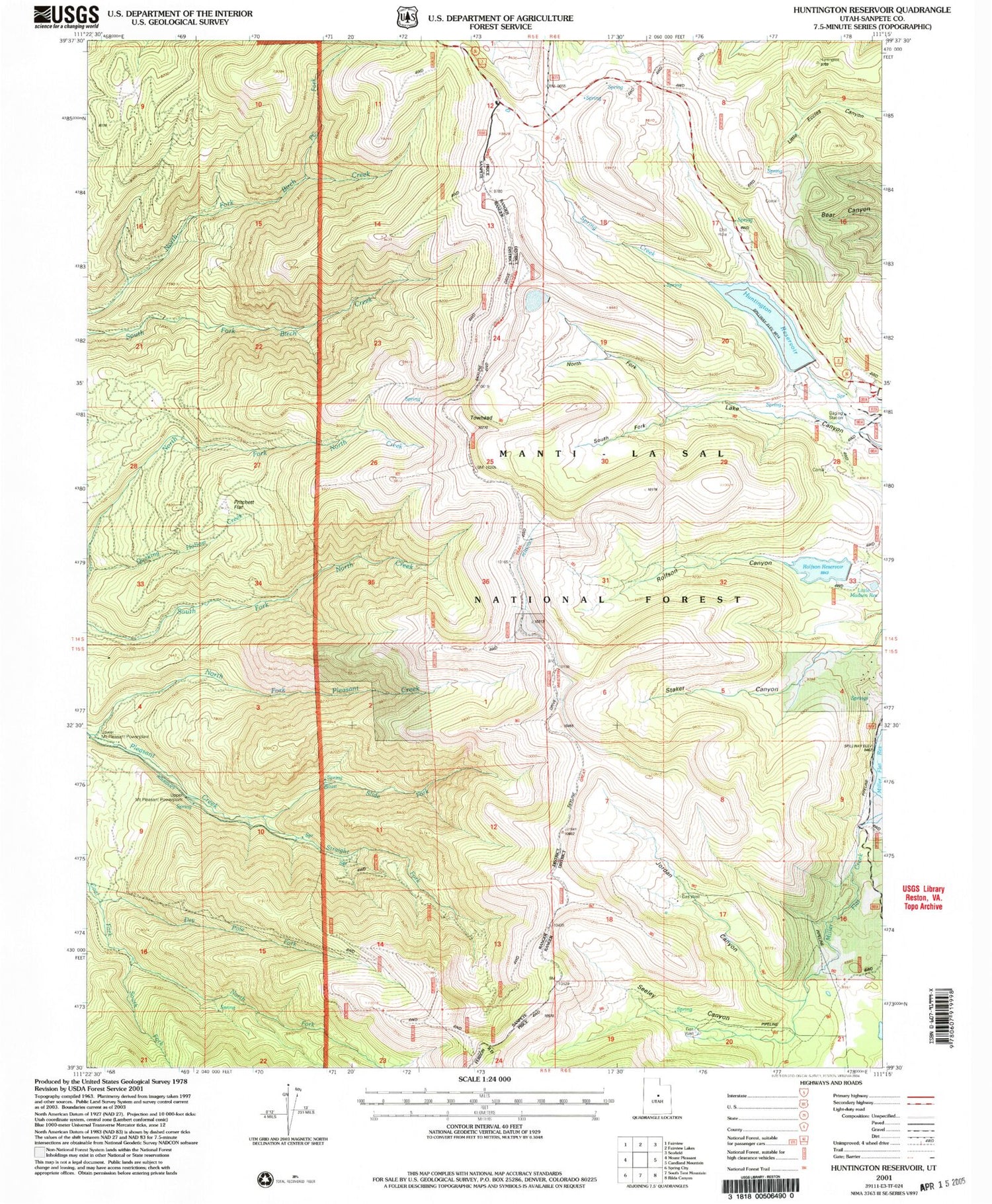 Classic USGS Huntington Reservoir Utah 7.5'x7.5' Topo Map Image