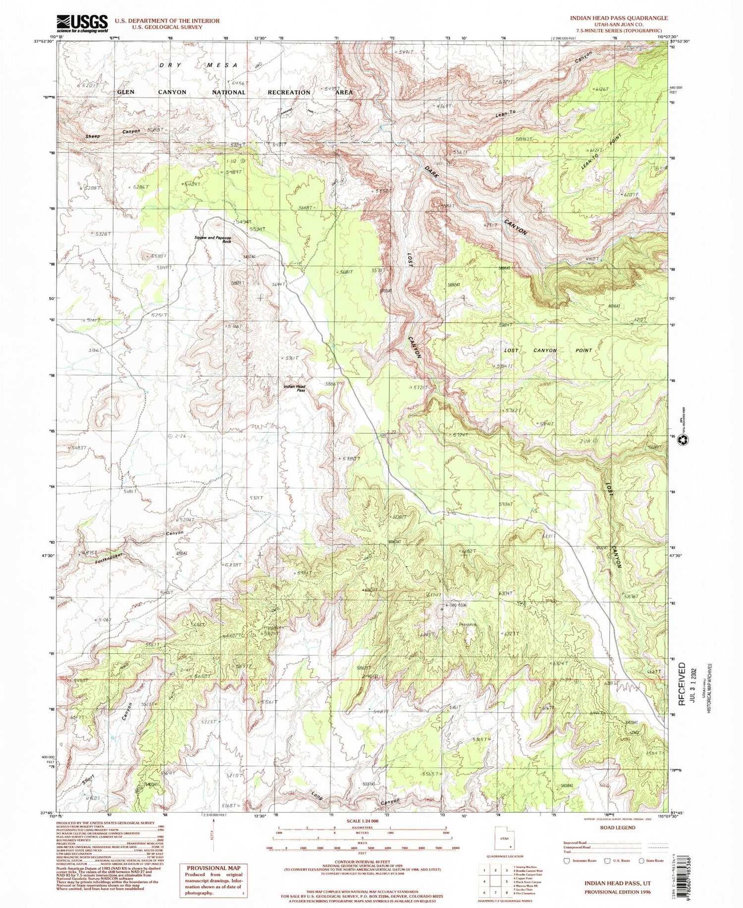Classic USGS Indian Head Pass Utah 7.5'x7.5' Topo Map Image
