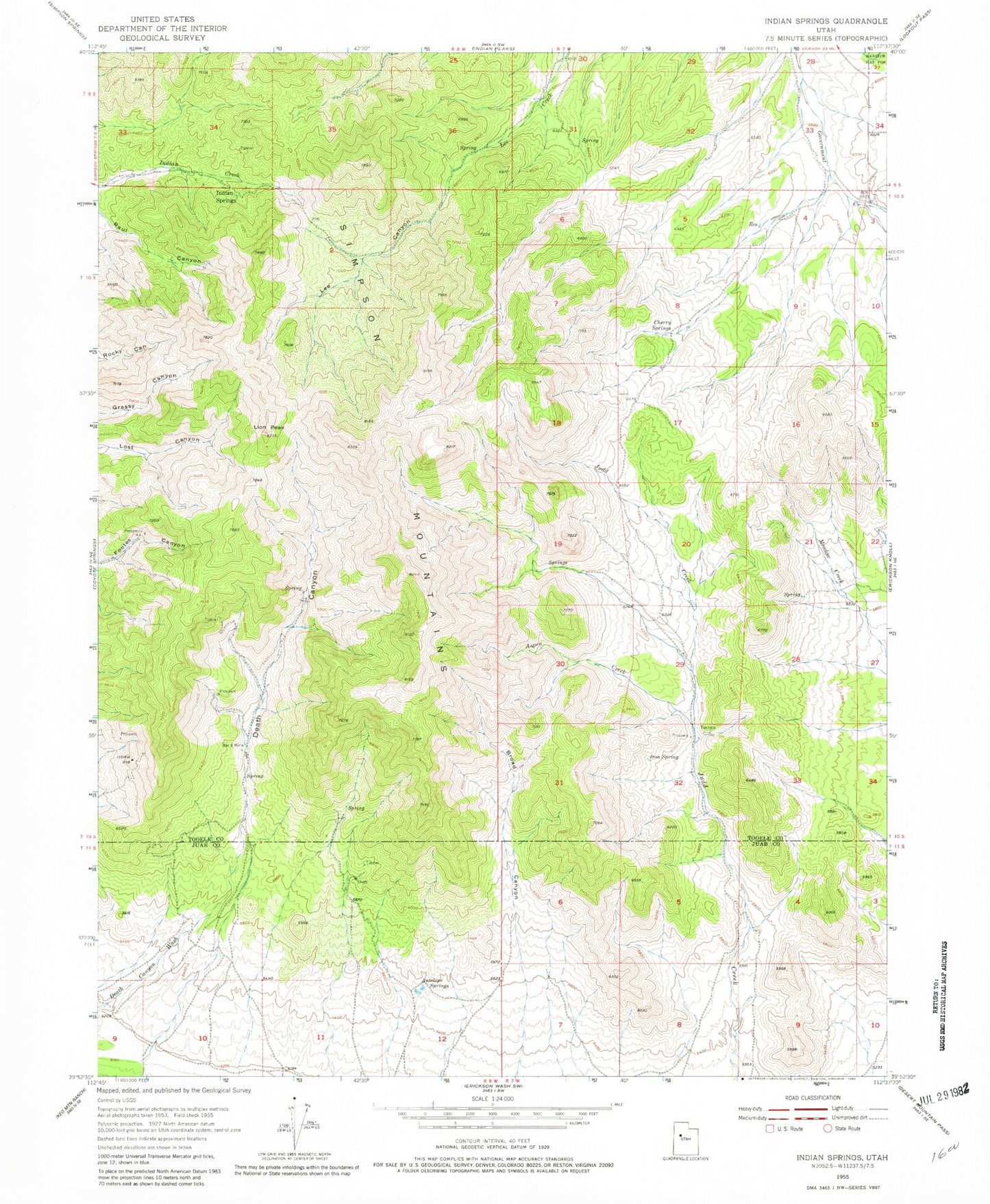 Classic USGS Indian Springs Utah 7.5'x7.5' Topo Map Image