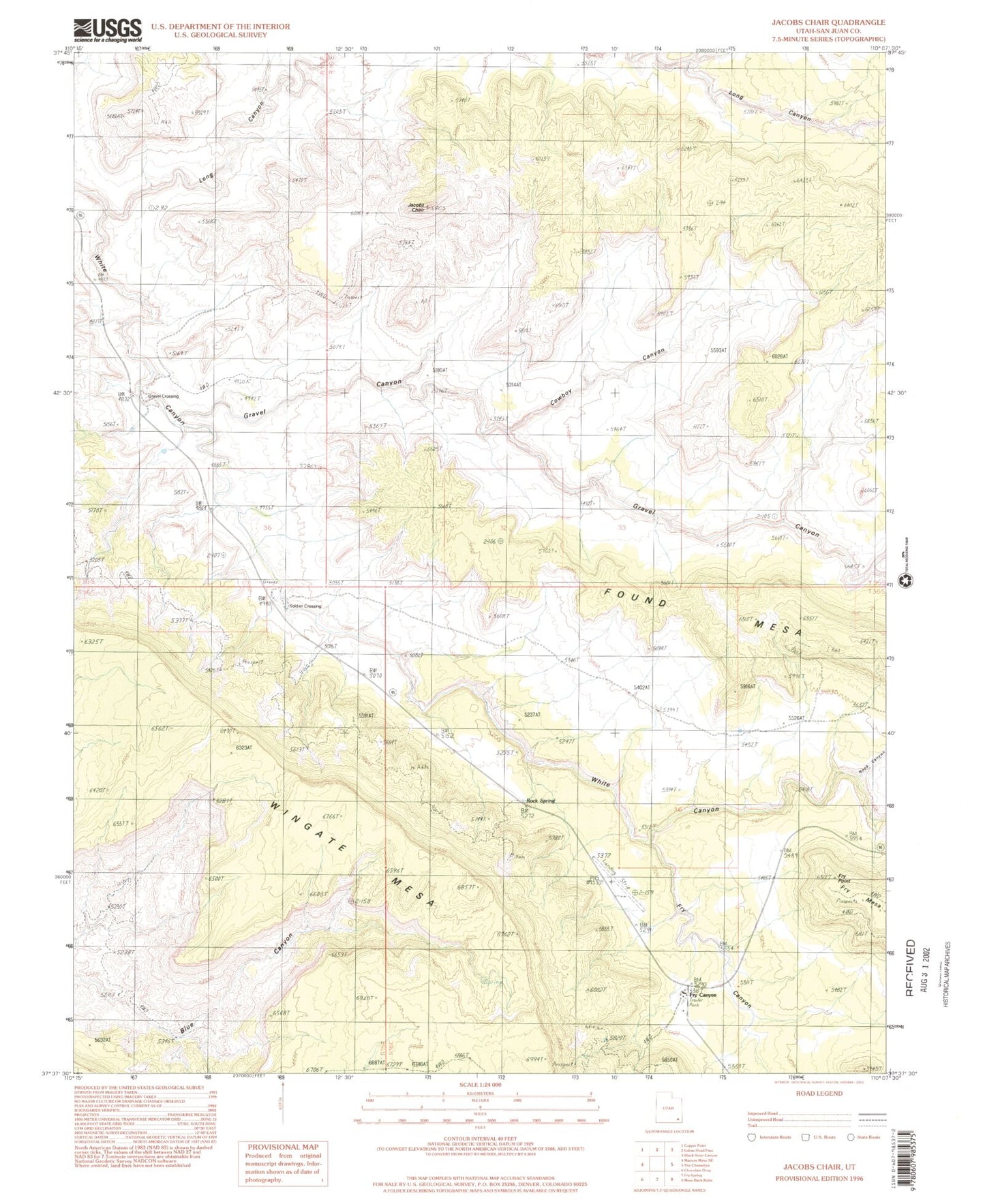 Classic USGS Jacobs Chair Utah 7.5'x7.5' Topo Map Image