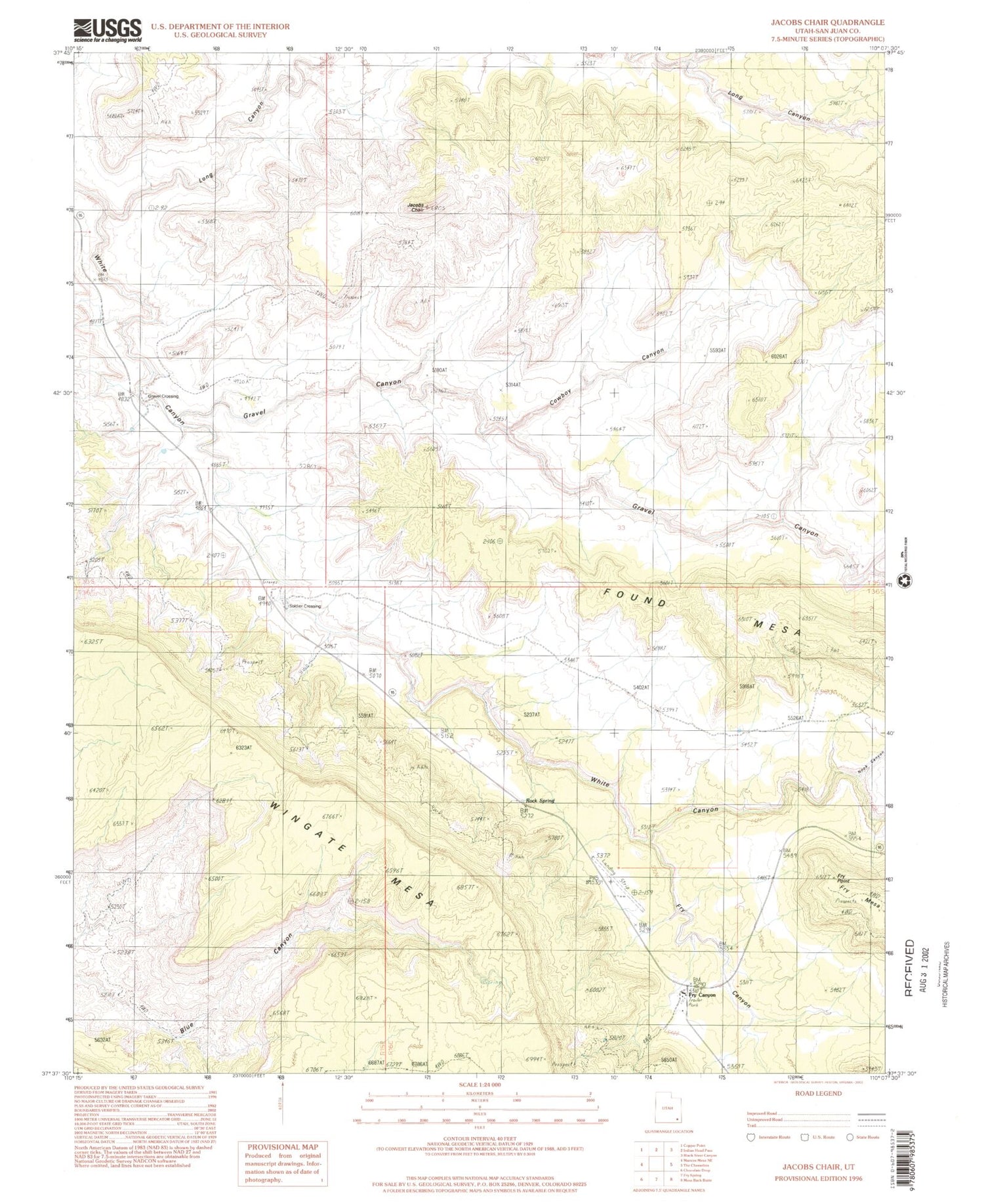 Classic USGS Jacobs Chair Utah 7.5'x7.5' Topo Map Image