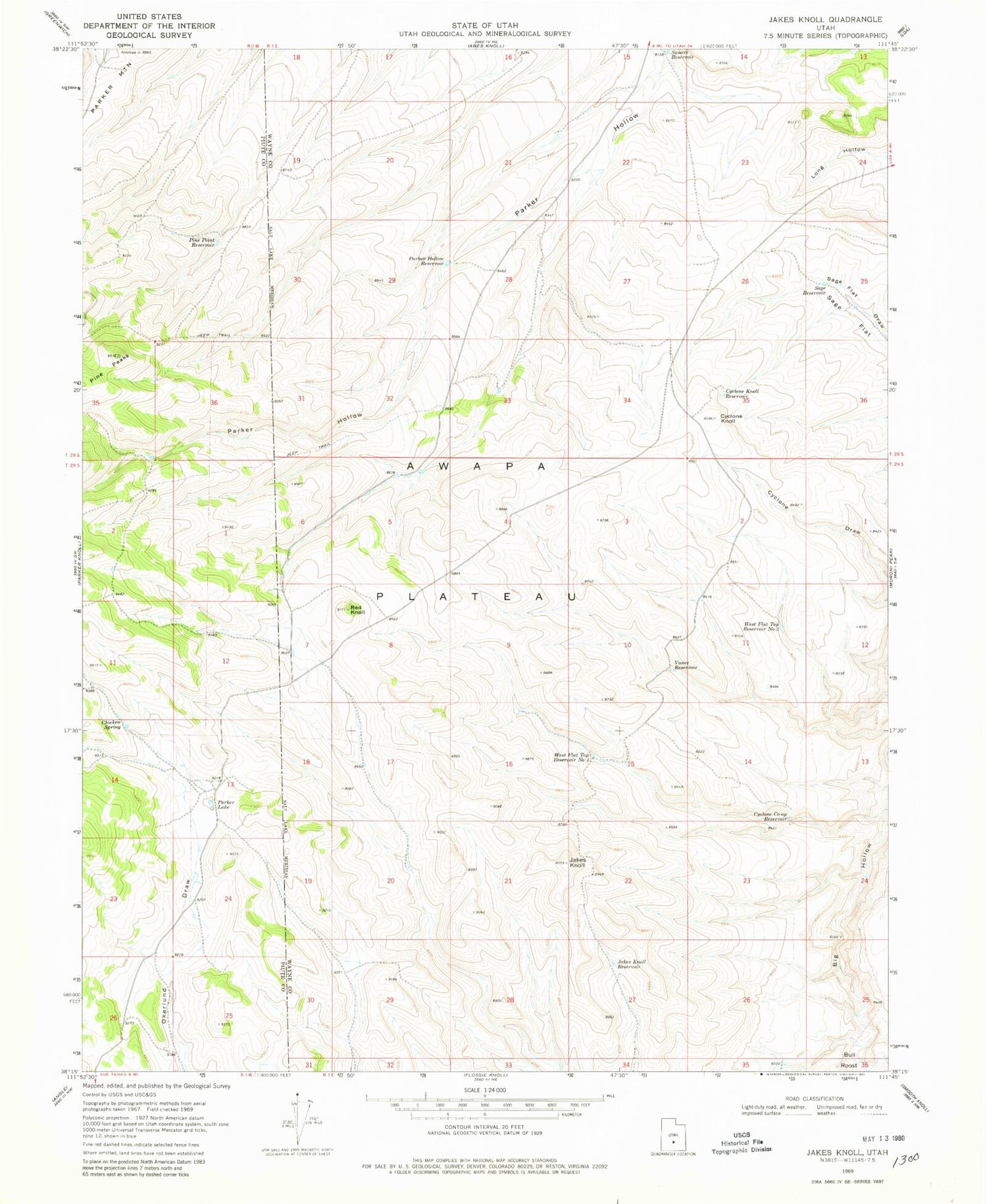 Classic USGS Jakes Knoll Utah 7.5'x7.5' Topo Map Image