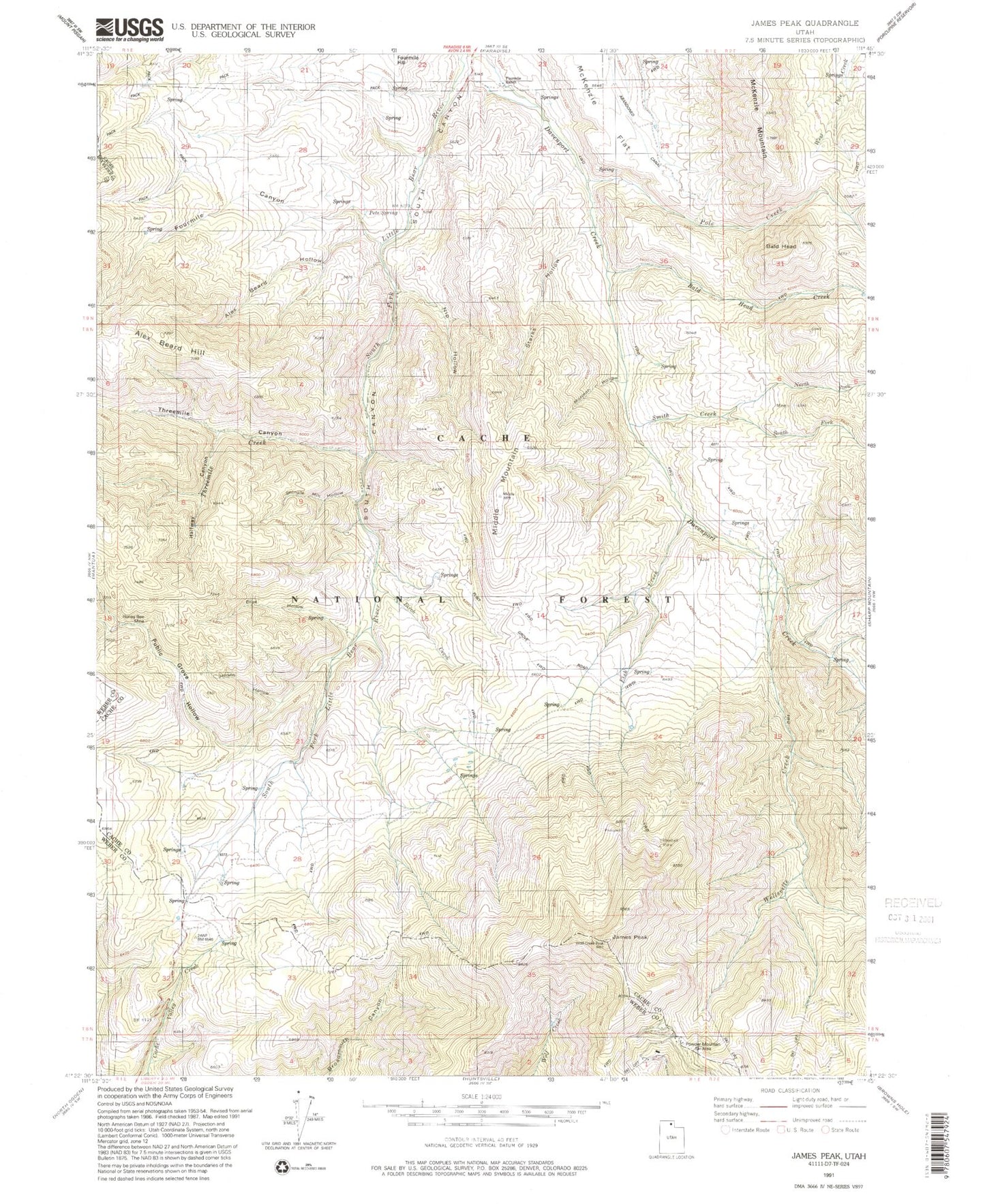 Classic USGS James Peak Utah 7.5'x7.5' Topo Map Image