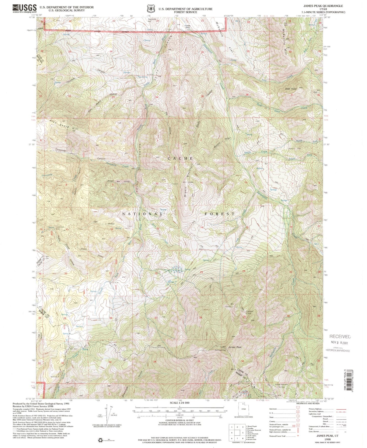 Classic USGS James Peak Utah 7.5'x7.5' Topo Map Image