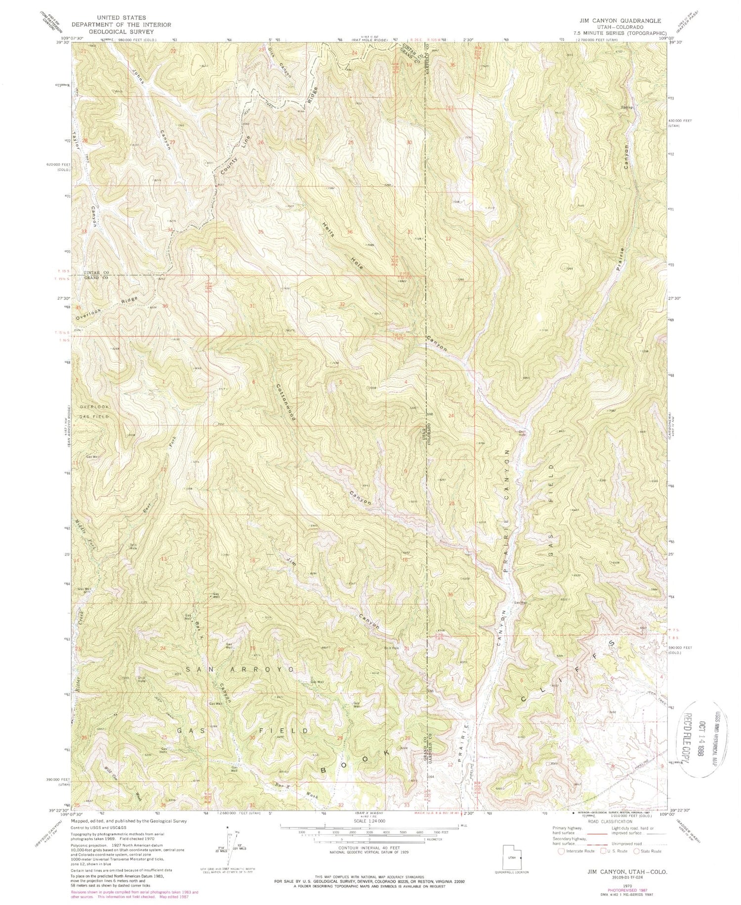 Classic USGS Jim Canyon Utah 7.5'x7.5' Topo Map Image