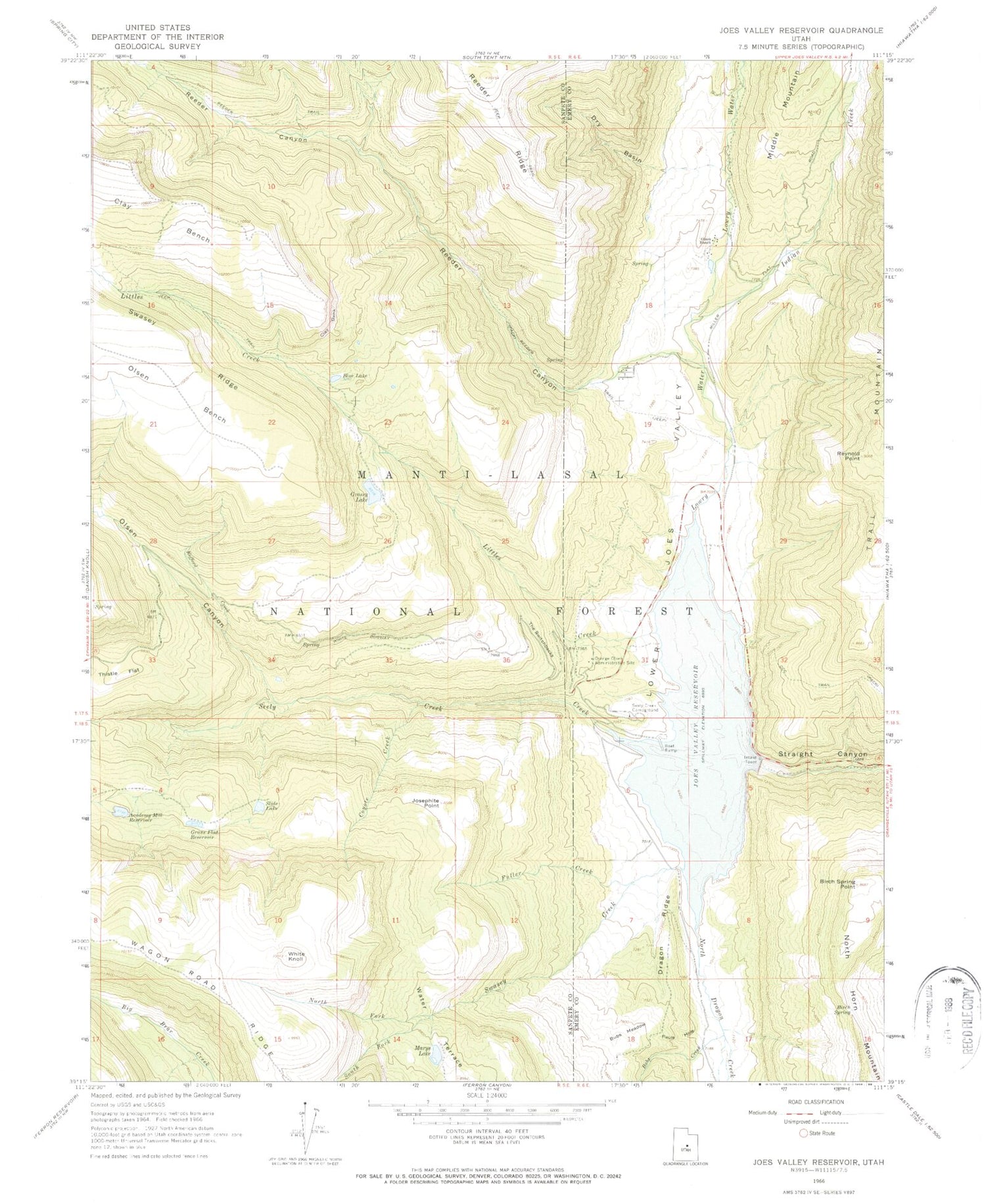 Classic USGS Joes Valley Reservoir Utah 7.5'x7.5' Topo Map Image