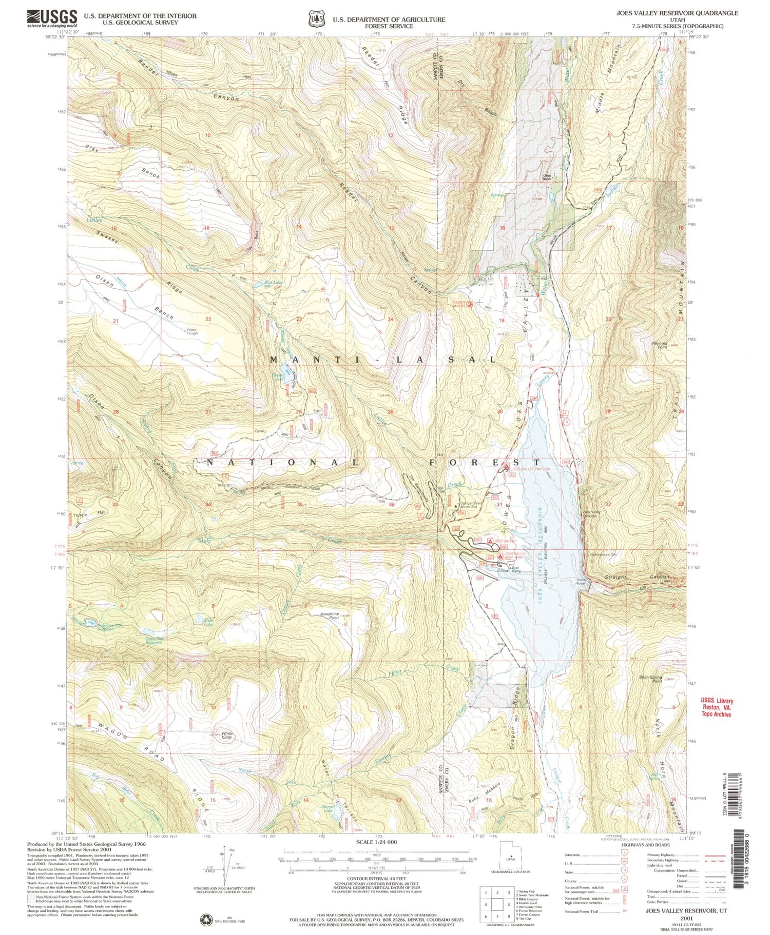 Classic USGS Joes Valley Reservoir Utah 7.5'x7.5' Topo Map Image