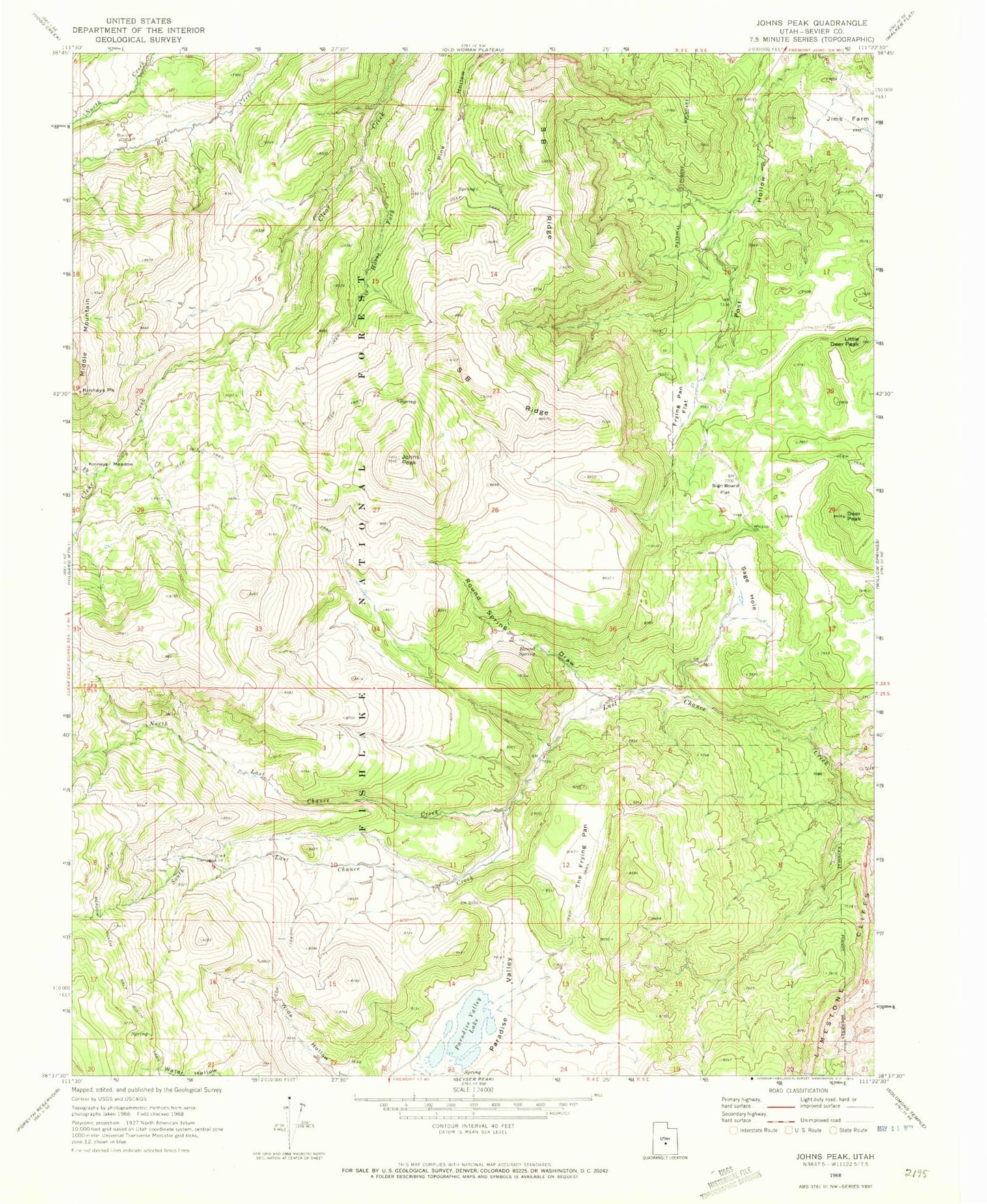 Classic USGS Johns Peak Utah 7.5'x7.5' Topo Map Image