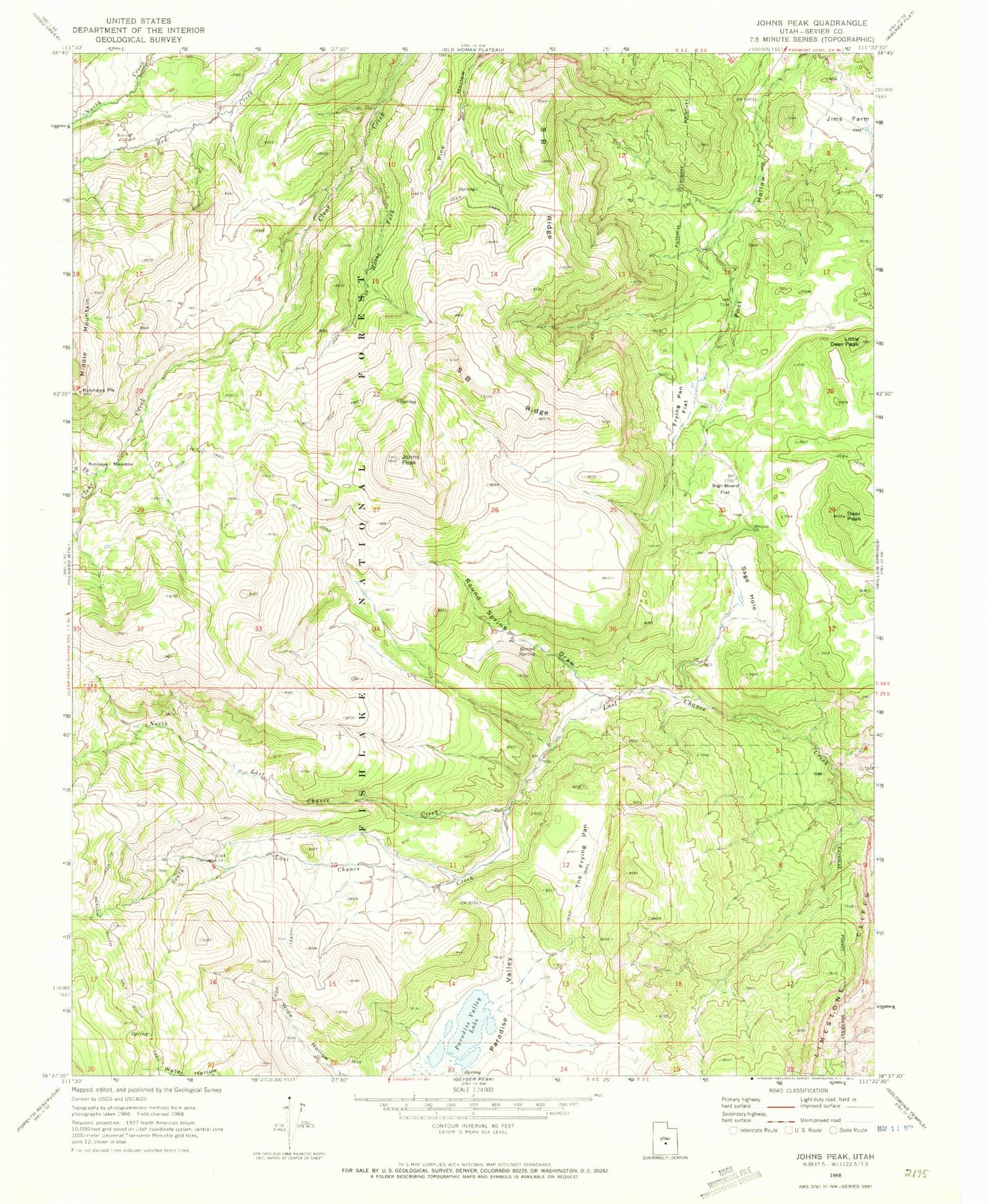 Classic USGS Johns Peak Utah 7.5'x7.5' Topo Map Image