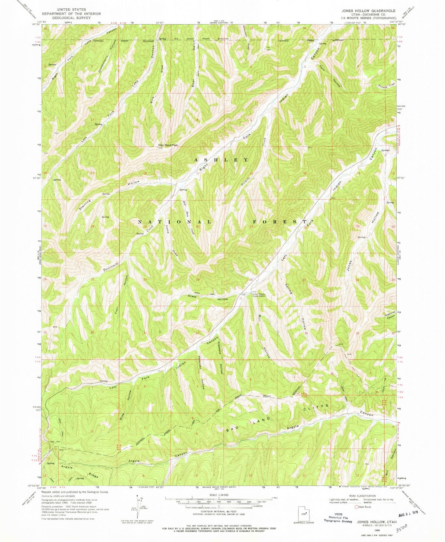 Classic USGS Jones Hollow Utah 7.5'x7.5' Topo Map Image