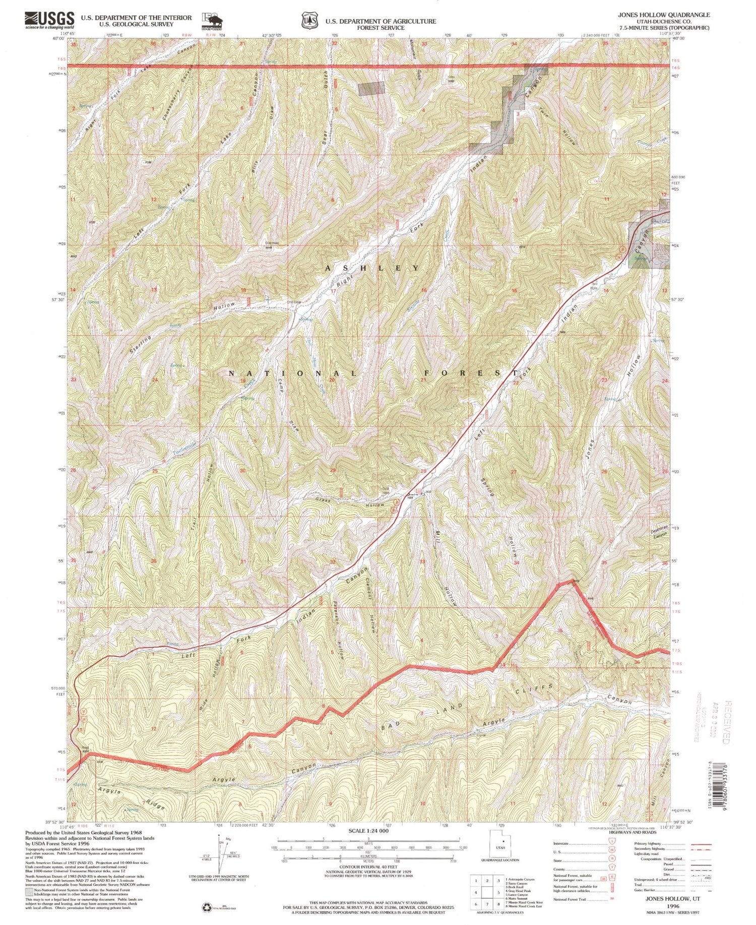 Classic USGS Jones Hollow Utah 7.5'x7.5' Topo Map Image