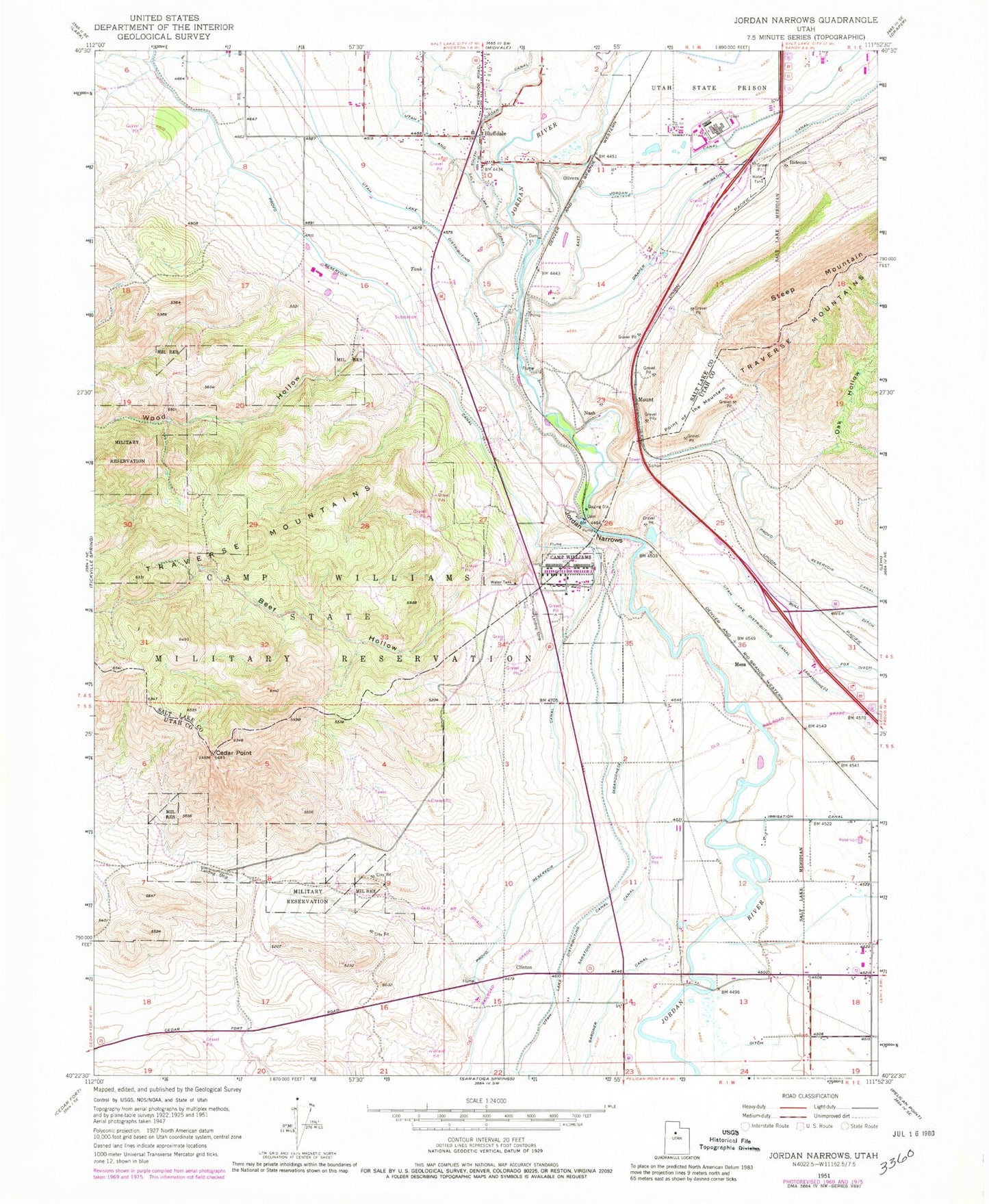 Classic USGS Jordan Narrows Utah 7.5'x7.5' Topo Map Image