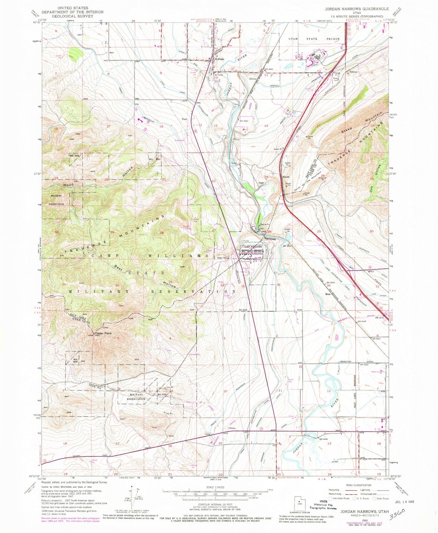 Classic USGS Jordan Narrows Utah 7.5'x7.5' Topo Map Image