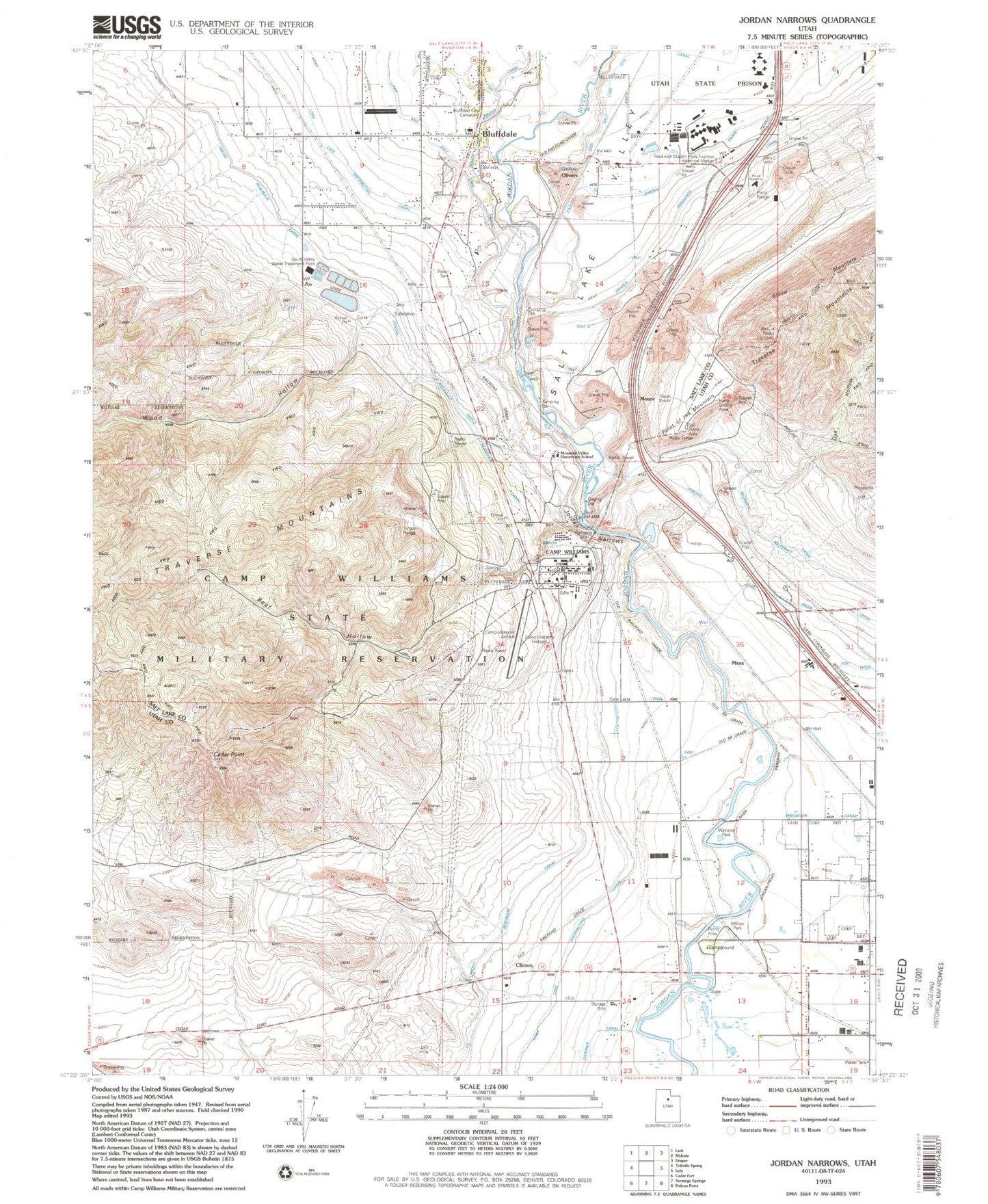 Classic USGS Jordan Narrows Utah 7.5'x7.5' Topo Map Image