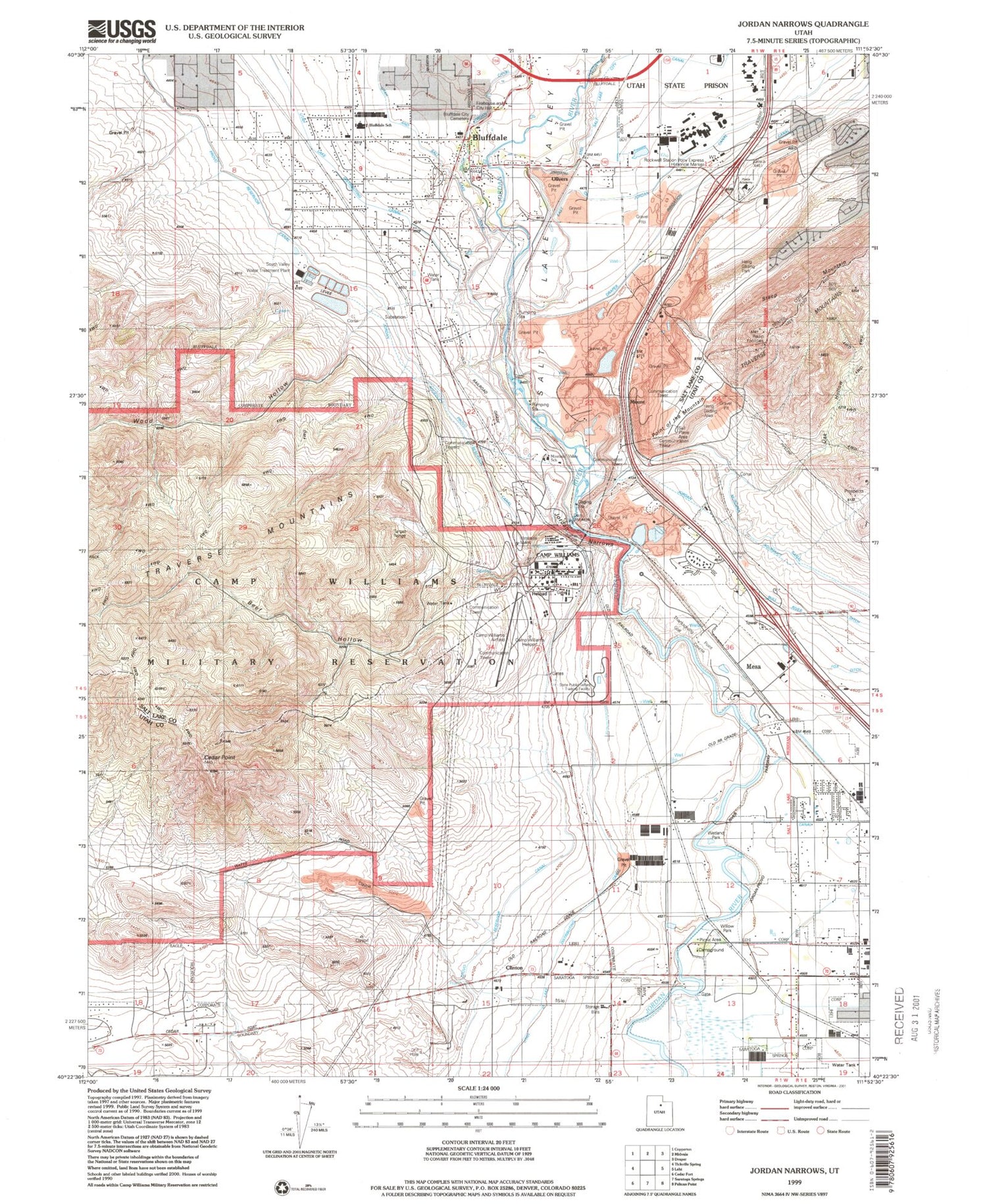 Classic USGS Jordan Narrows Utah 7.5'x7.5' Topo Map Image