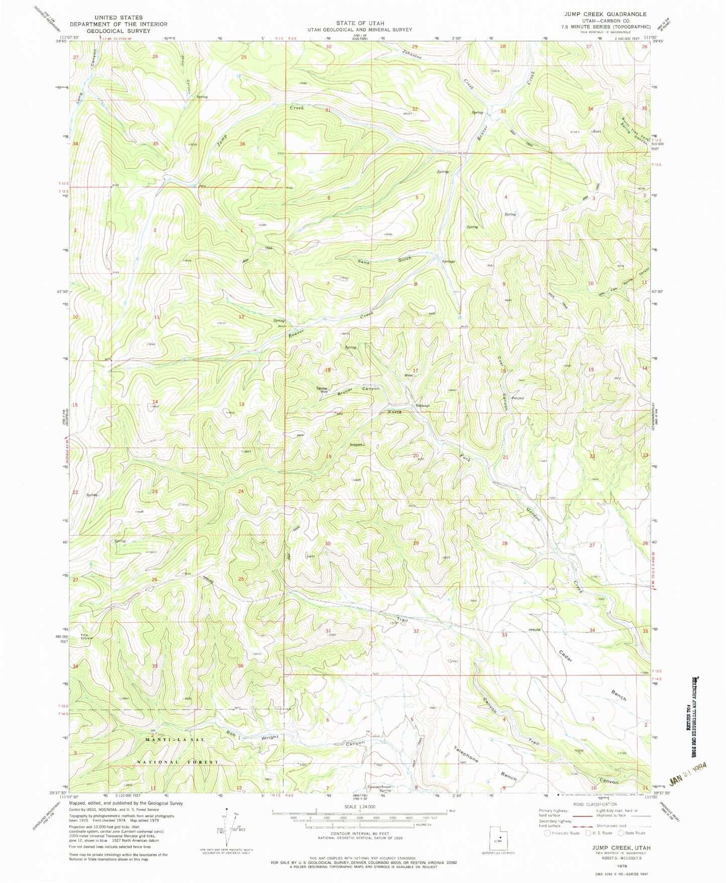 Classic USGS Jump Creek Utah 7.5'x7.5' Topo Map Image