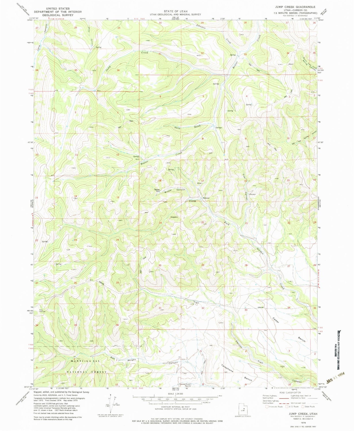 Classic USGS Jump Creek Utah 7.5'x7.5' Topo Map Image