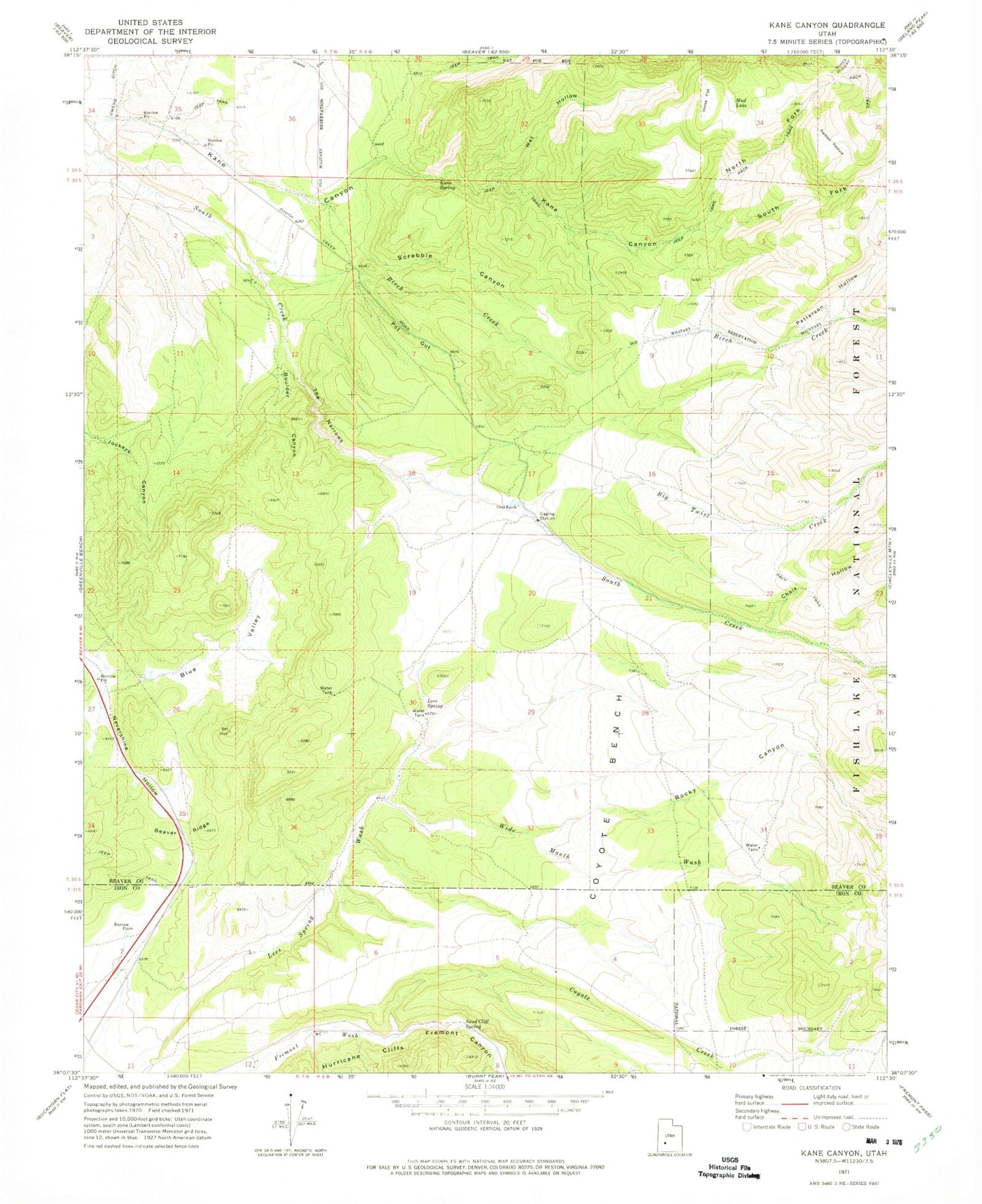Classic USGS Kane Canyon Utah 7.5'x7.5' Topo Map Image