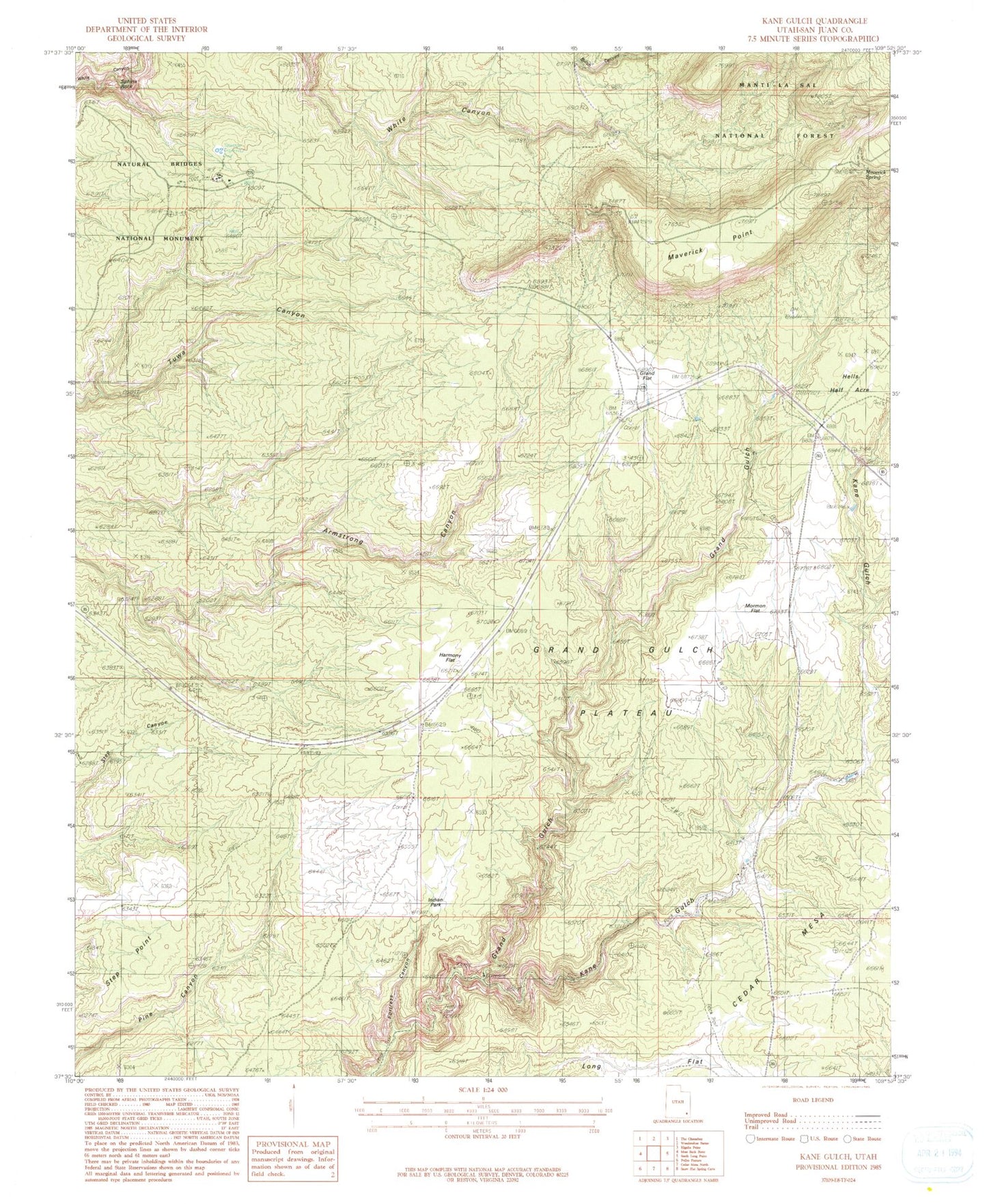 Classic USGS Kane Gulch Utah 7.5'x7.5' Topo Map Image