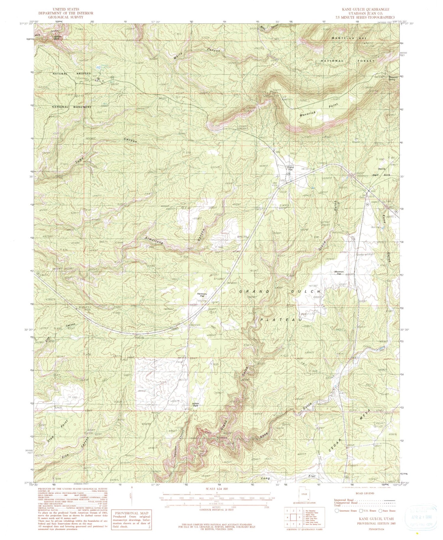 Classic USGS Kane Gulch Utah 7.5'x7.5' Topo Map Image
