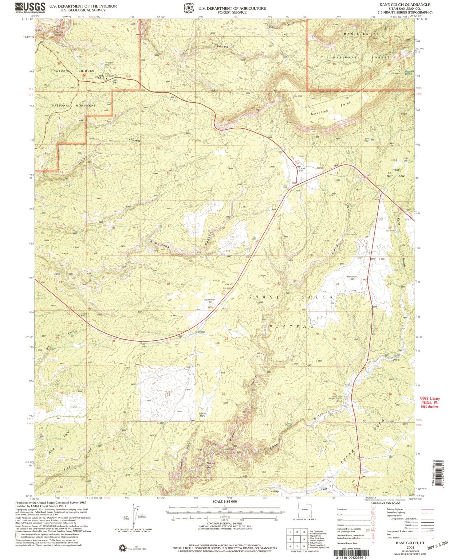 Classic USGS Kane Gulch Utah 7.5'x7.5' Topo Map Image