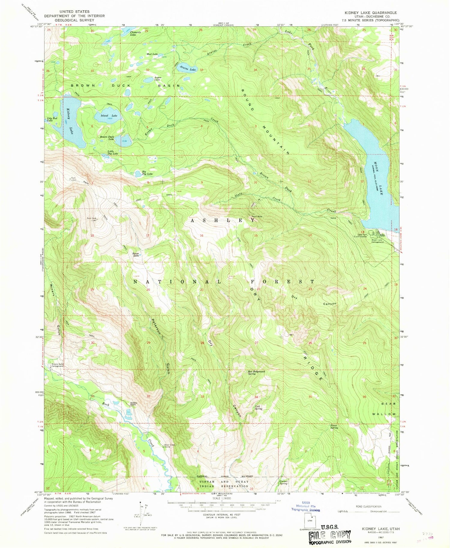 Classic USGS Kidney Lake Utah 7.5'x7.5' Topo Map Image