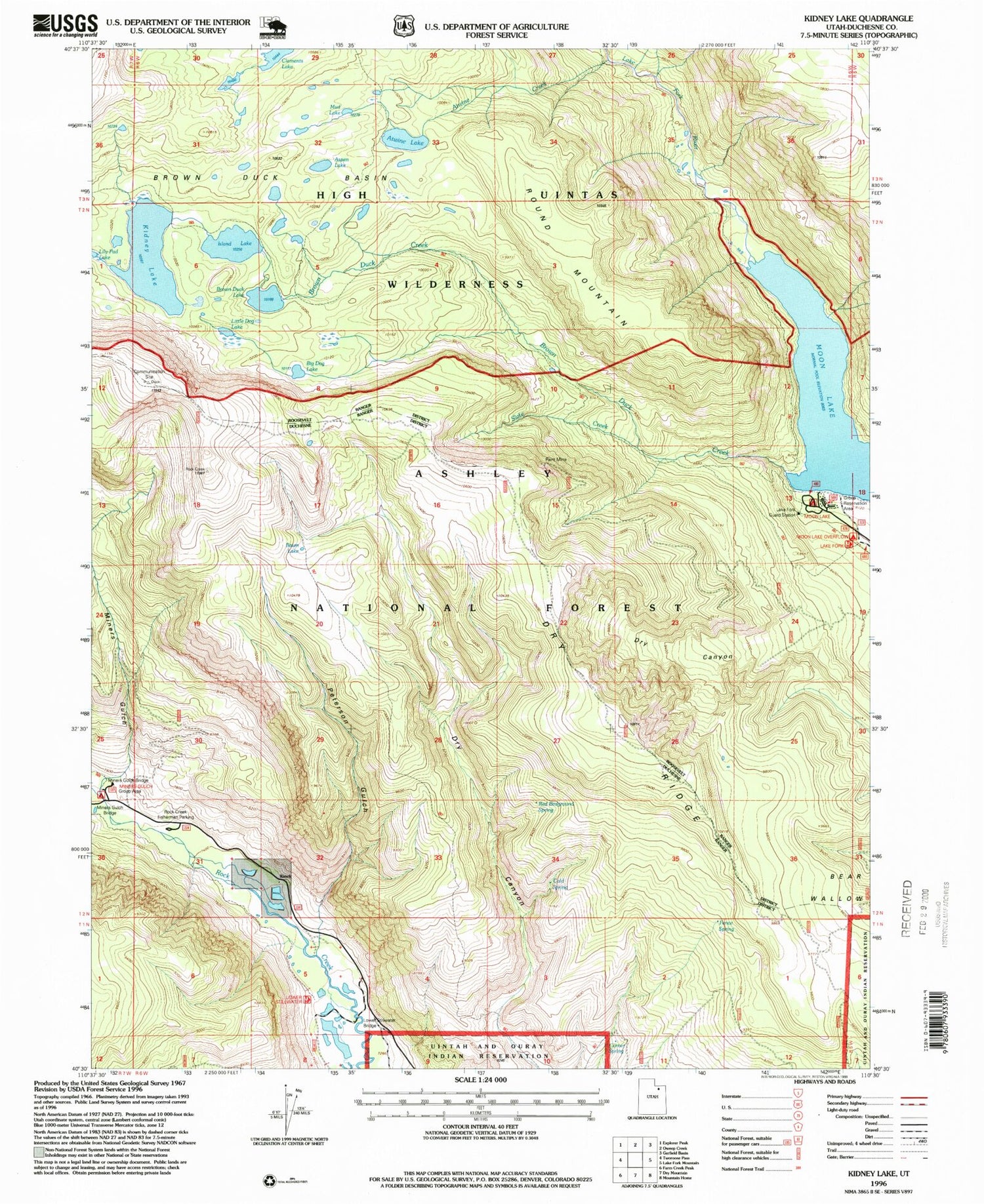 Classic USGS Kidney Lake Utah 7.5'x7.5' Topo Map Image
